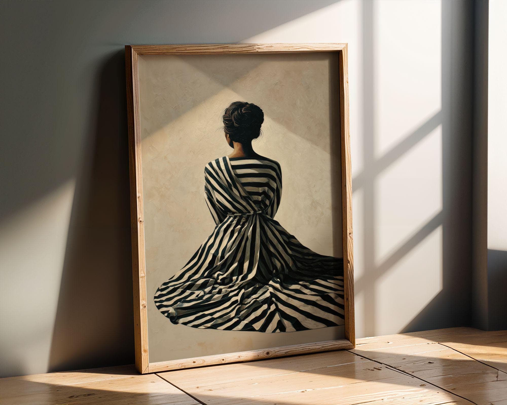 Black Woman Wall Art, Fashion Portrait, Neutral Tone Wall Art, Striped Dress Woman Print, Chic Fashion Illustration Print, Modern Aesthetic - view 4