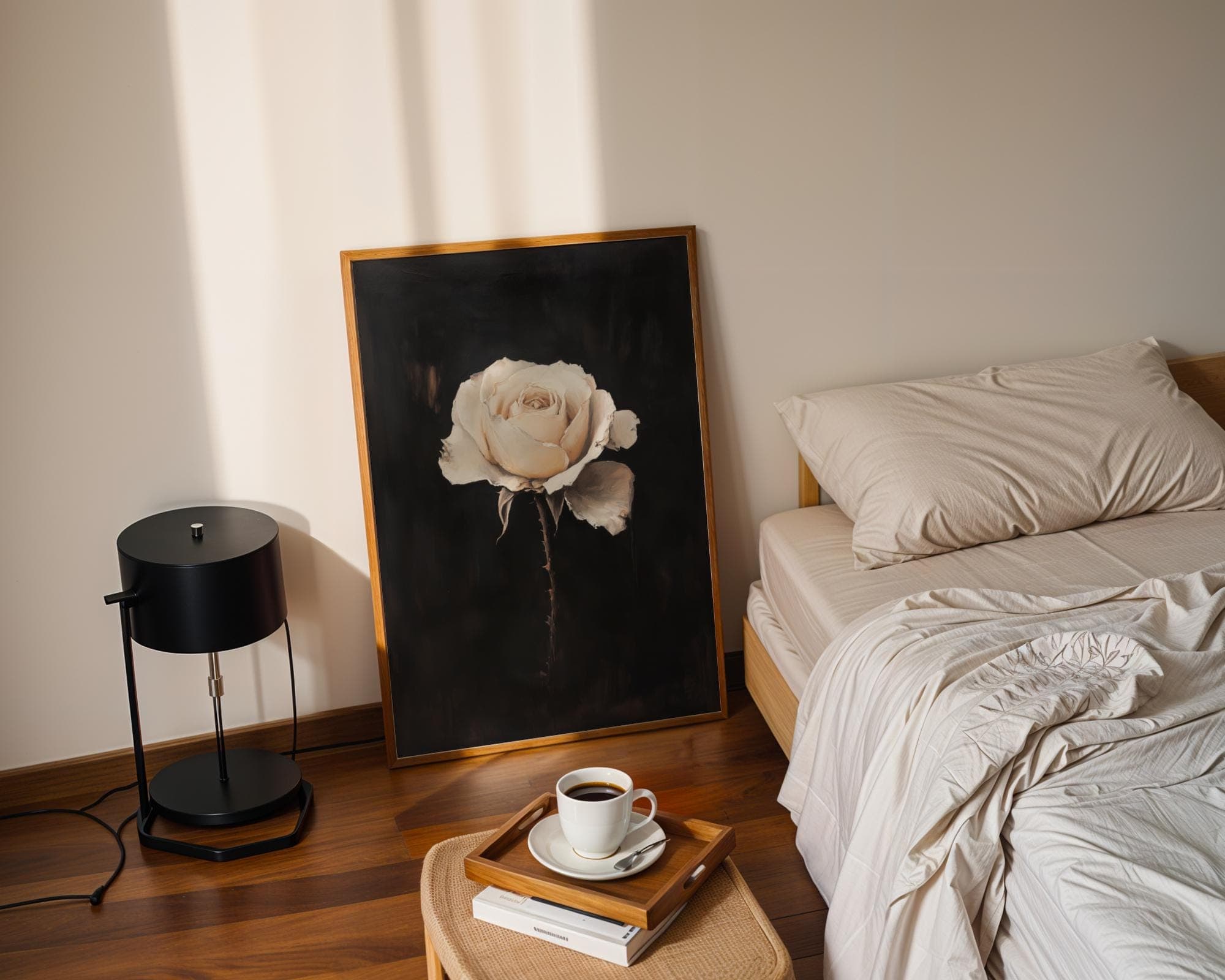 Faded Rose Portrait Print, White Rose Wall Art – Minimalist Oil Painting Floral Print, White Botanical Flower Print, Moody Floral Print - view 5
