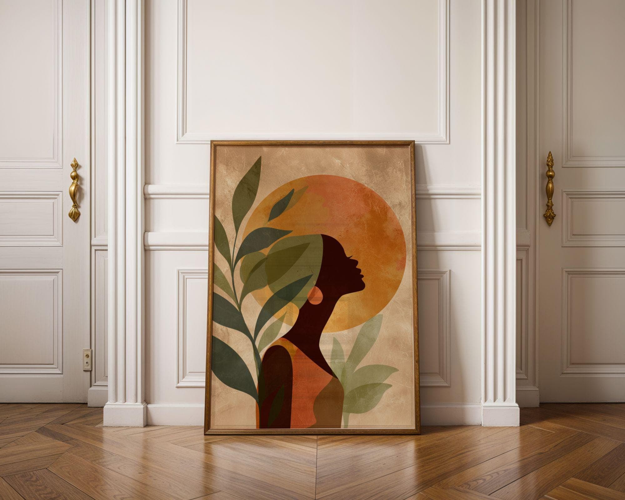 Black Woman Wall Art, Botanical Afro Silhouette, Orange Sun Print, Earth Tone Minimal Modern Print, Afro Woman Wall Art, Feminine Wall Art