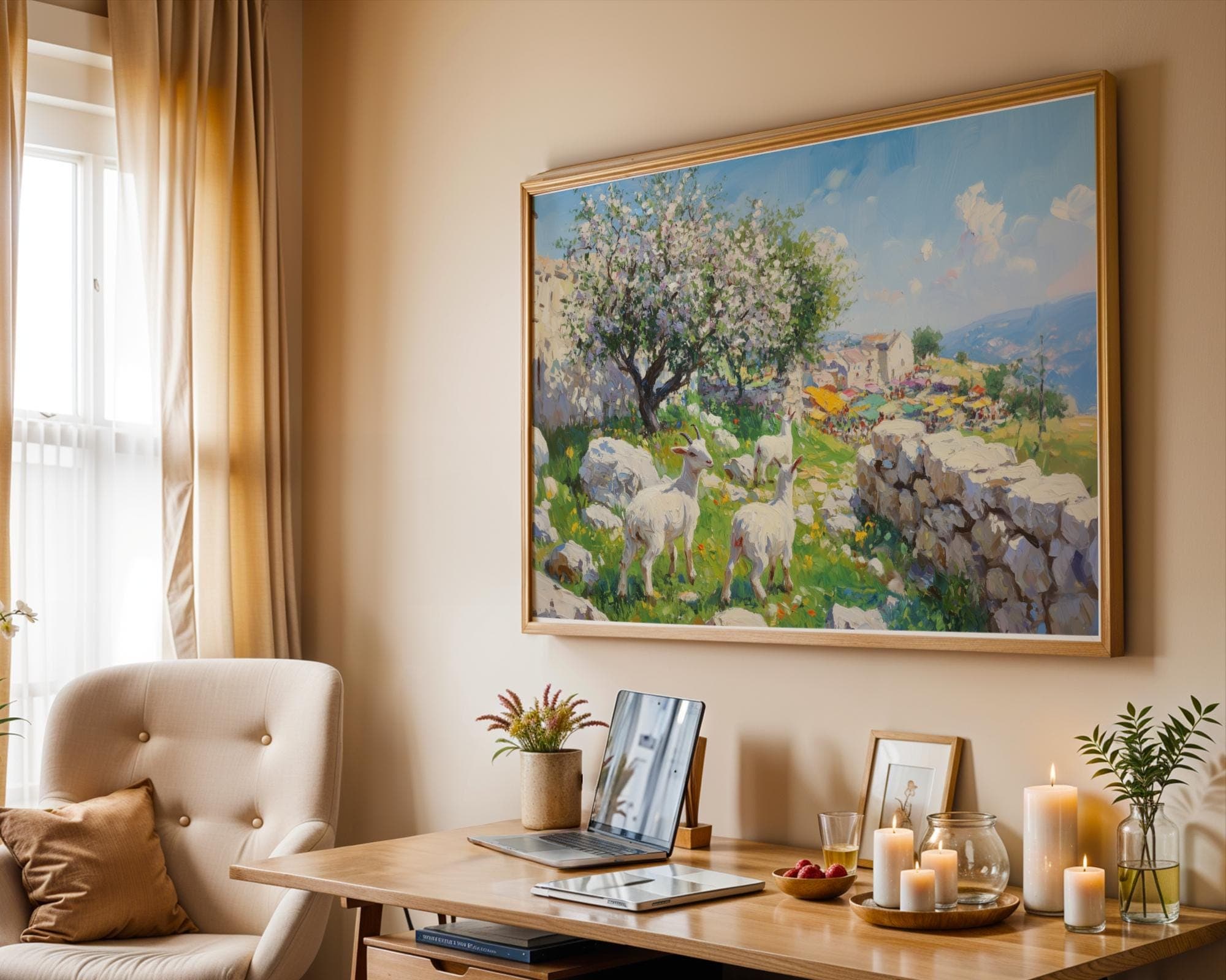 Spring Goat Pasture Wall Art Print, Mediterranean Village Market Landscape Painting, Blooming Tree Countryside Decor, Blooming Orchard Print - view 7
