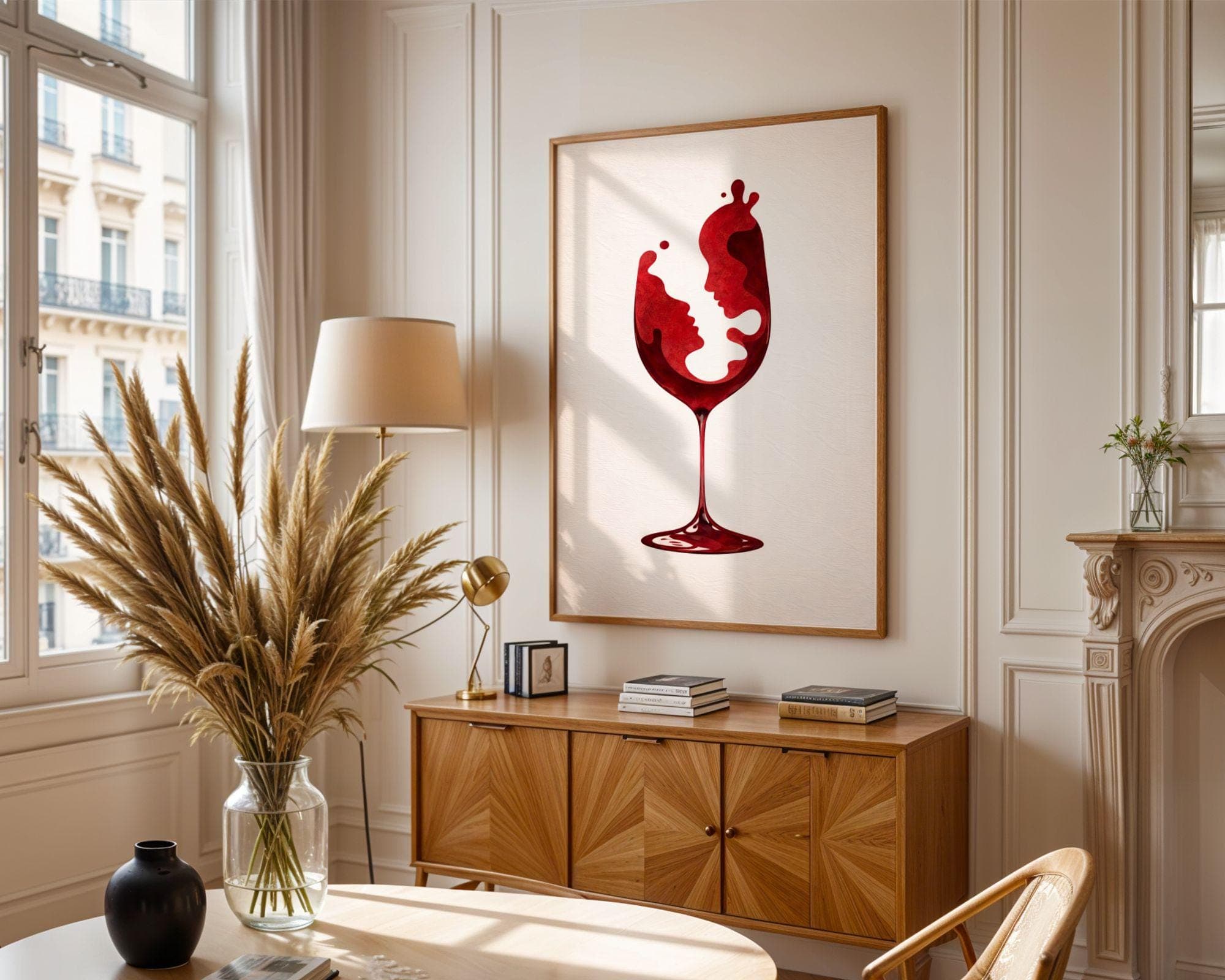 Red Wine Glass Wall Art Print, Romantic Couple Face Abstract Poster, Modern Dining Room Bar Decor, Minimalist Love Art, Bar Cart Decor - view 3
