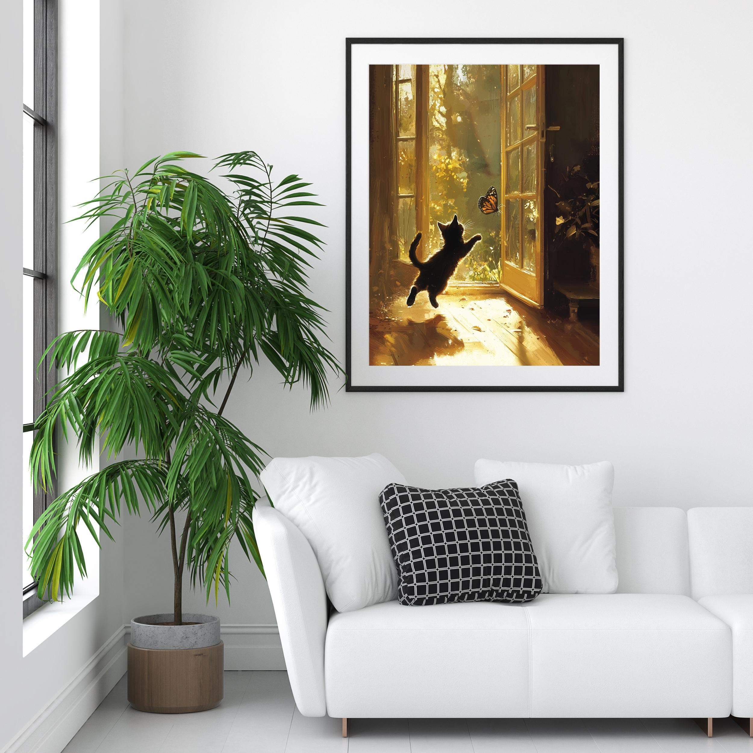 Whimsical Kids Wall Art, Black Cat in Sunlight, Butterfly Wall Art for Kids, Whimsical Black Kitten and Butterfly Art, Kids Room Decor - view 6