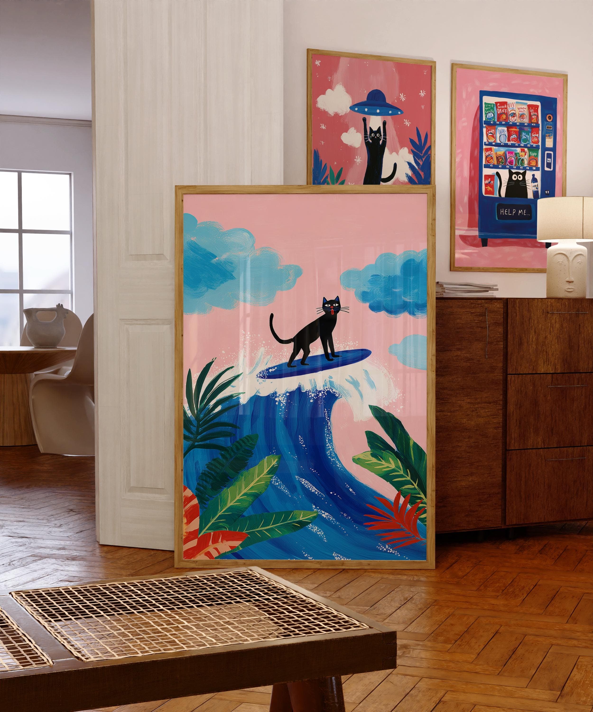 Surfing Black Cat Print – Tropical Pop Art Poster, Funny Surf Cat Wall Art, Tropical Coastal Decor, Modern Beach Art, Quirky Cat Poster