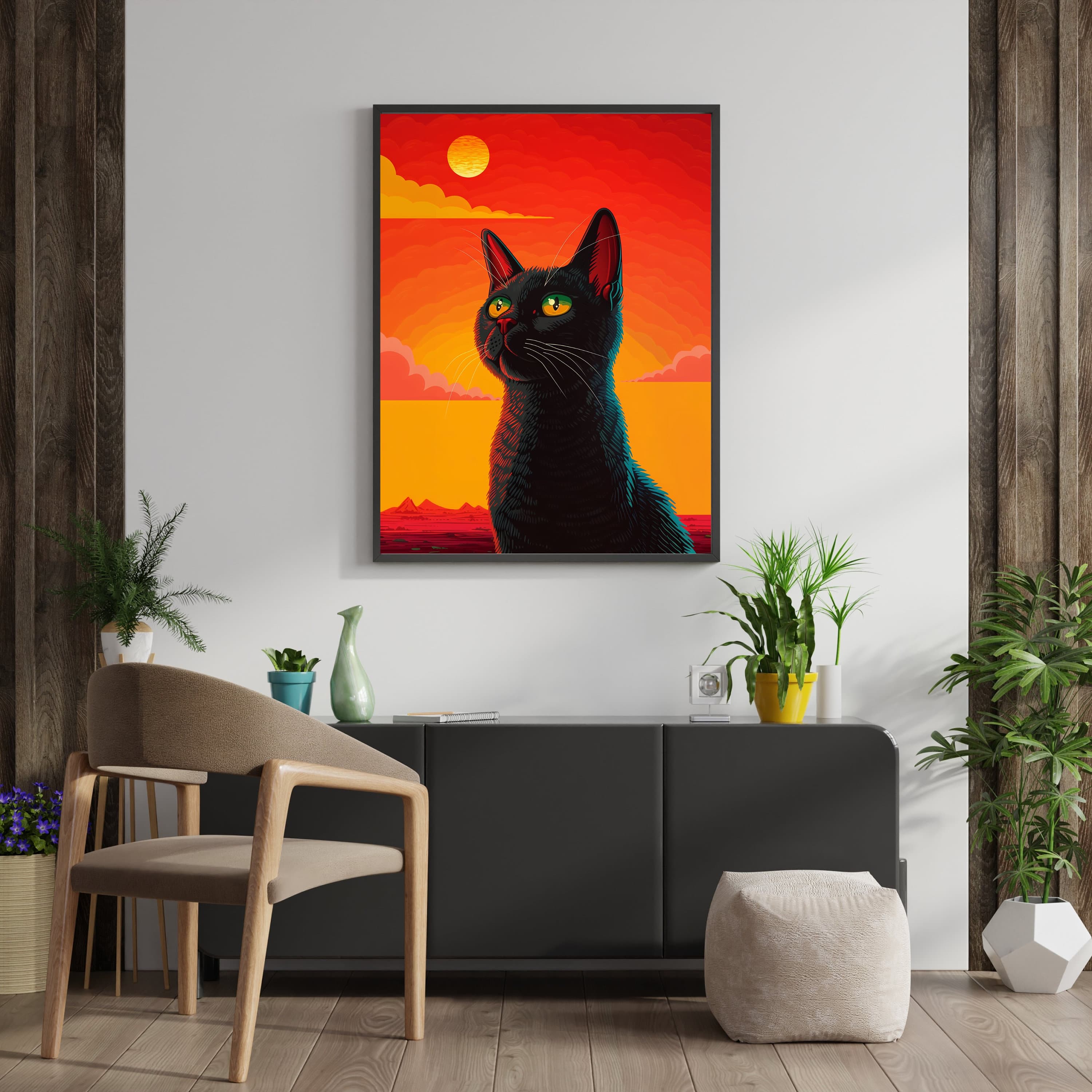 Black Cat Painting with Sunset, Black Cat Poster, Dopamine Decor, Cat Art Print,Cat mom gift, Black Cat Drawing Print, International Cat Day - view 4