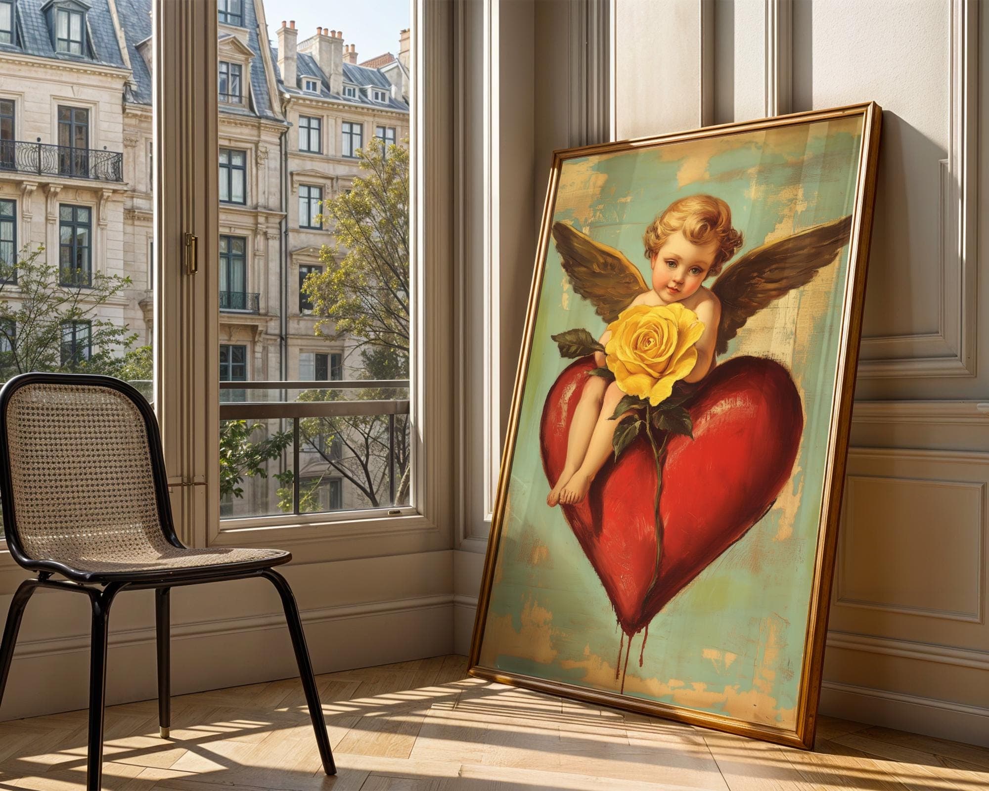 Romantic Angel Digital Print, Yellow Rose and Angel Art, Vintage Cherub Art Print, Valentine's Day Wall Decor, Coquette Room Decor, Digital - view 5