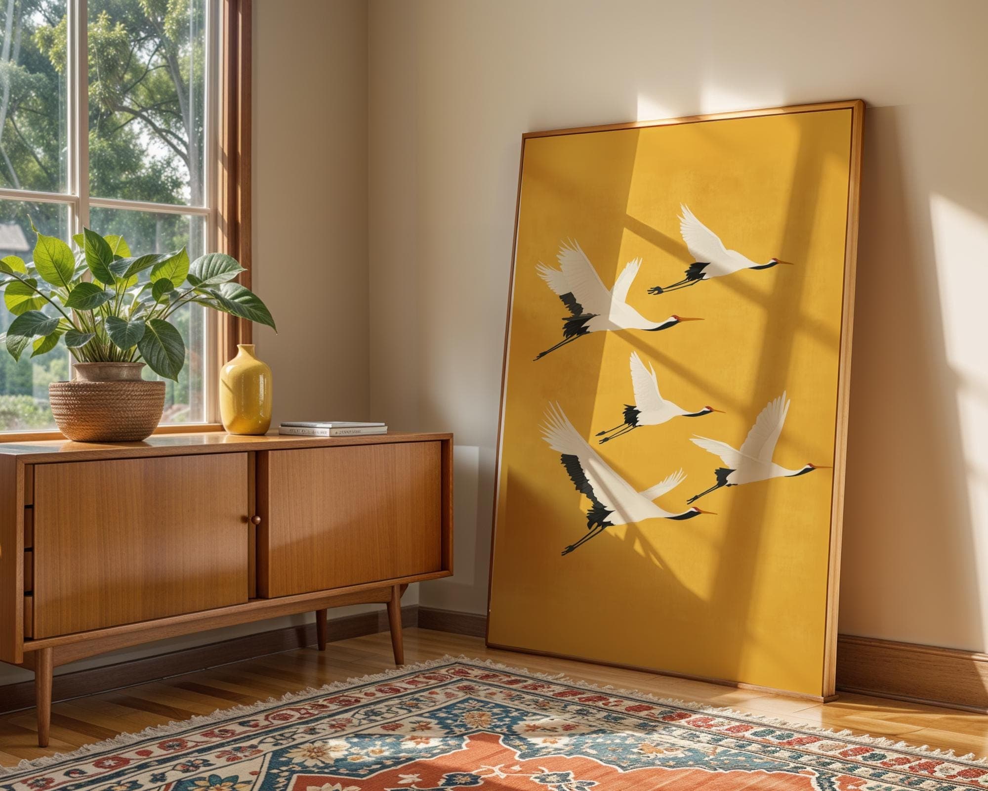 Flying Cranes on Golden Yellow, Japandi Digital Download, Japandi Decor, Boho Bird Art, Japanese Crane Wall Art, Wabi Sabi Wall Art - view 4