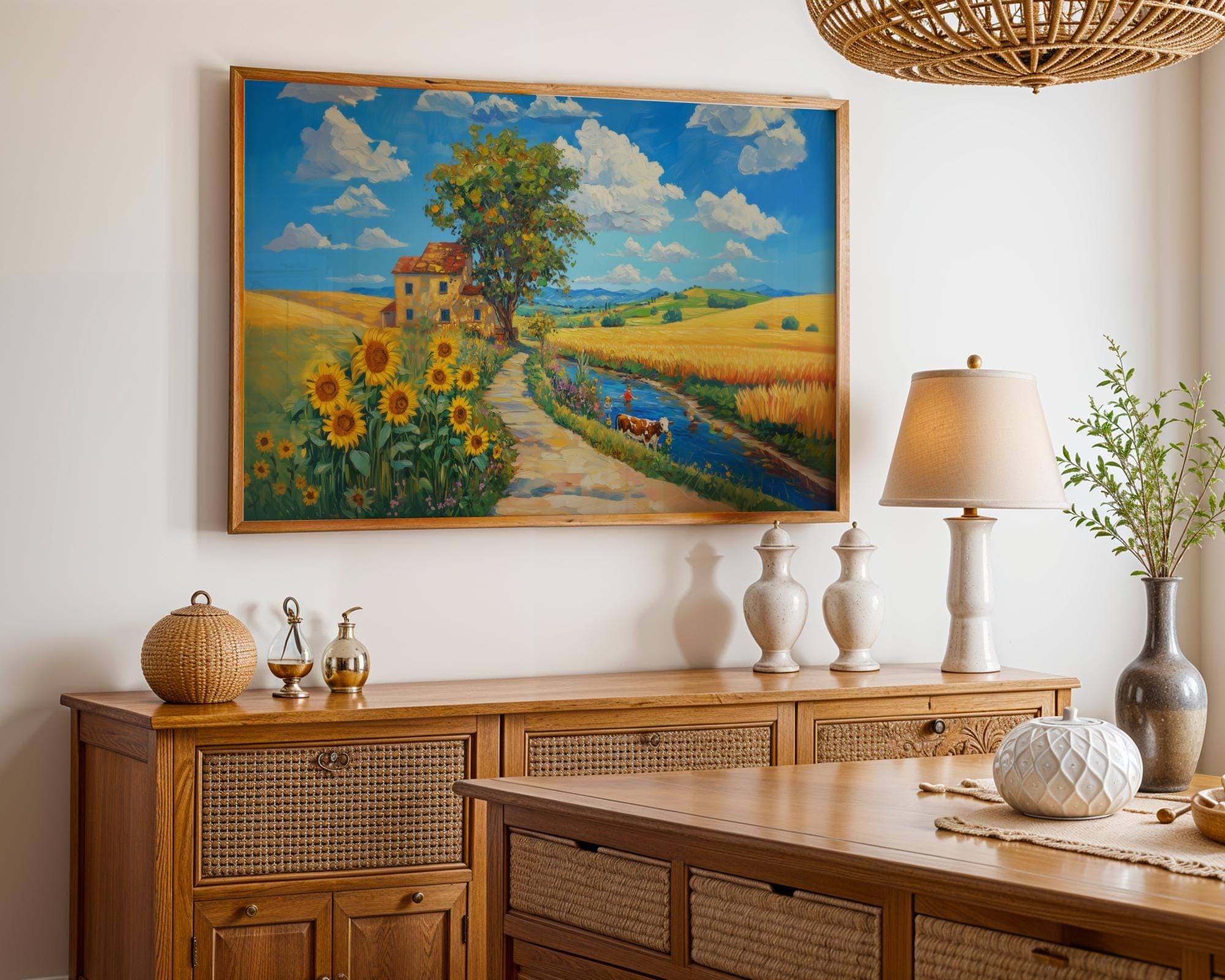 Sunflower Field Country Landscape Wall Art, River and Cow Summer Painting, Rustic Farmhouse Print for Kitchen or Cottage Style Decor - view 2