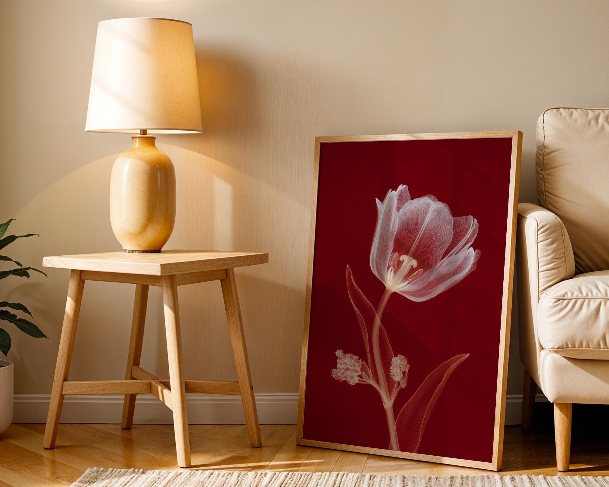 Red X-Ray Tulip Flower Wall Art Print, Minimal Flower Poster, X-Ray Tulip Flower Wall Art, Minimal X-Ray Flower Art, Deep Red Botanical Art - view 2