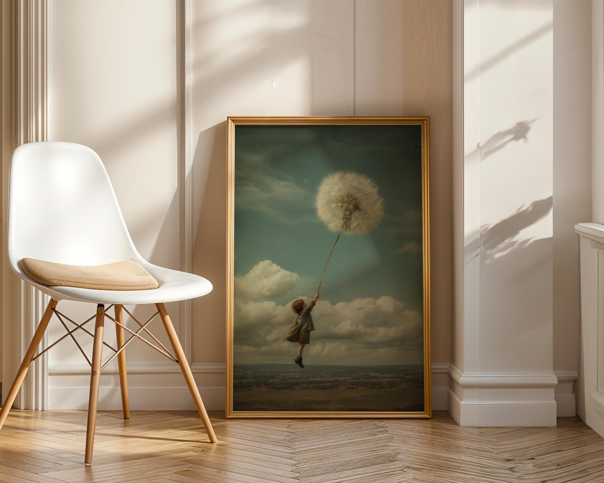 Whimsical Child Holding Giant Dandelion Wall Art, Surreal Flying Fantasy Poster, Surreal Vintage Wall Decor, Digital Download, Surreal Gift - view 4