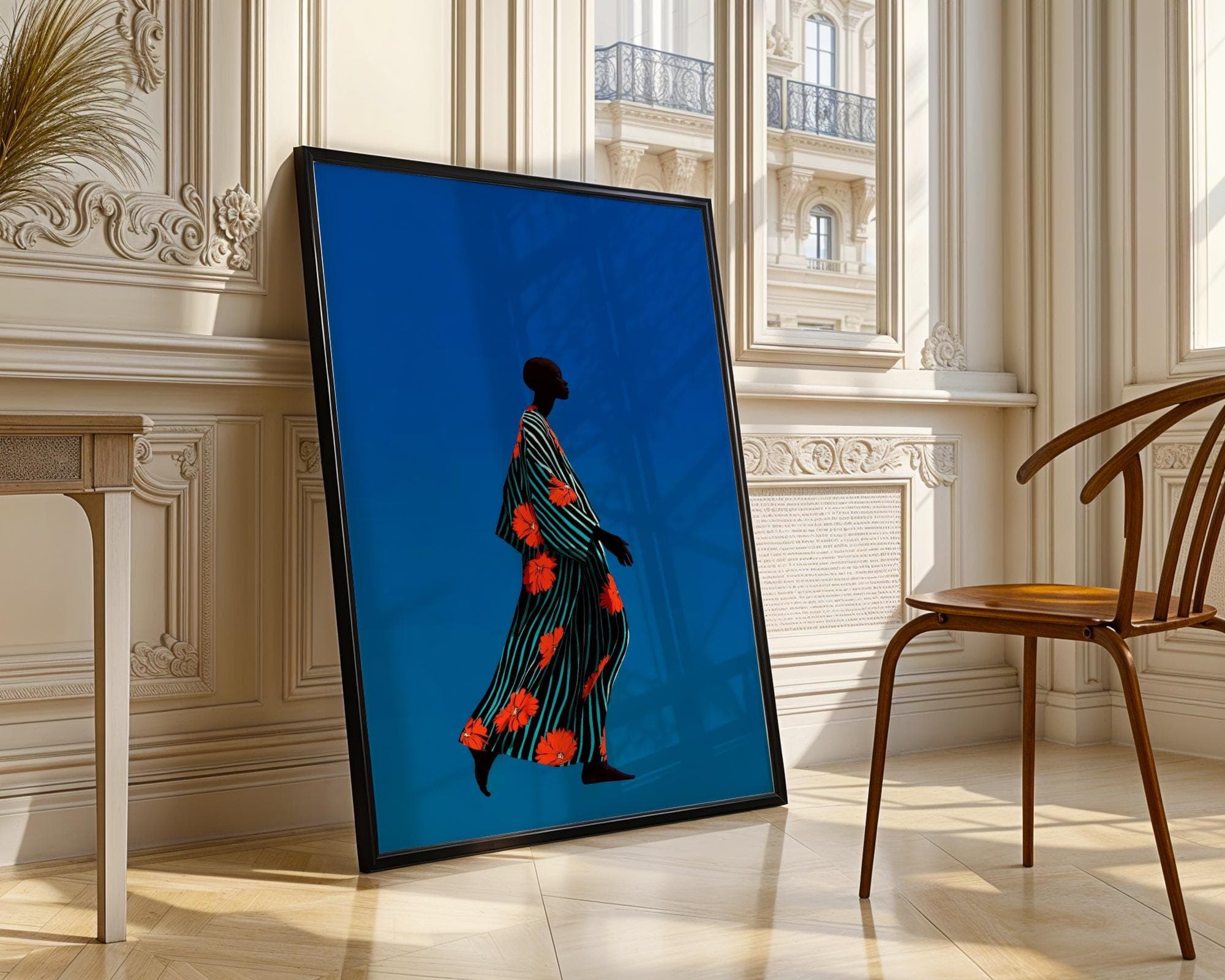 Minimalist Print Art, Contemporary Art, Ethnic Print Art, Modern African Woman Wall Art, African Woman in Striped Floral Dress, African Art - view 4