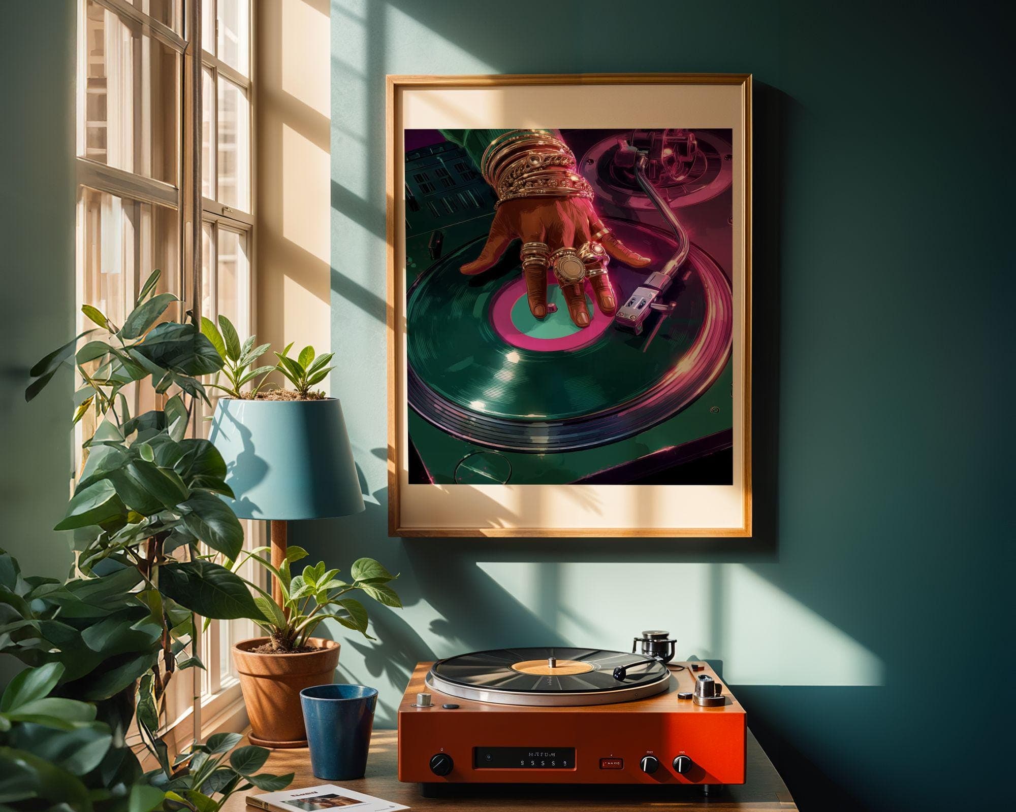 Retro Turntable Art – Pink and Green Vinyl Wall Print, Modern Retro Wall Print – Neon Turntable DJ Poster, Contemporary Vinyl Art - view 2