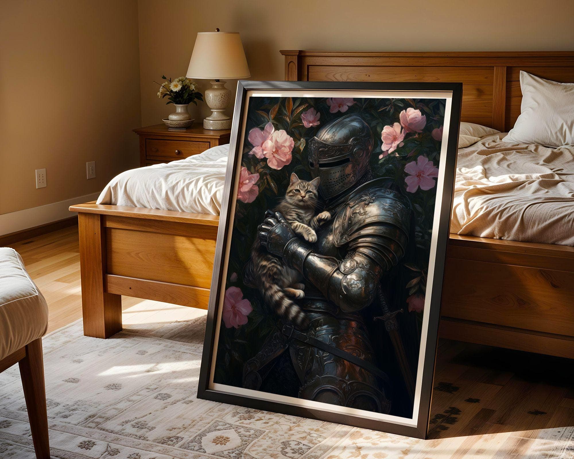 Medieval Knight and Tabby Cat Painting, Medieval Fantasy Painting, Fantasy Art, Whimsical Cat Decor, Digital, Maximalist, Floral Art Decor - view 3