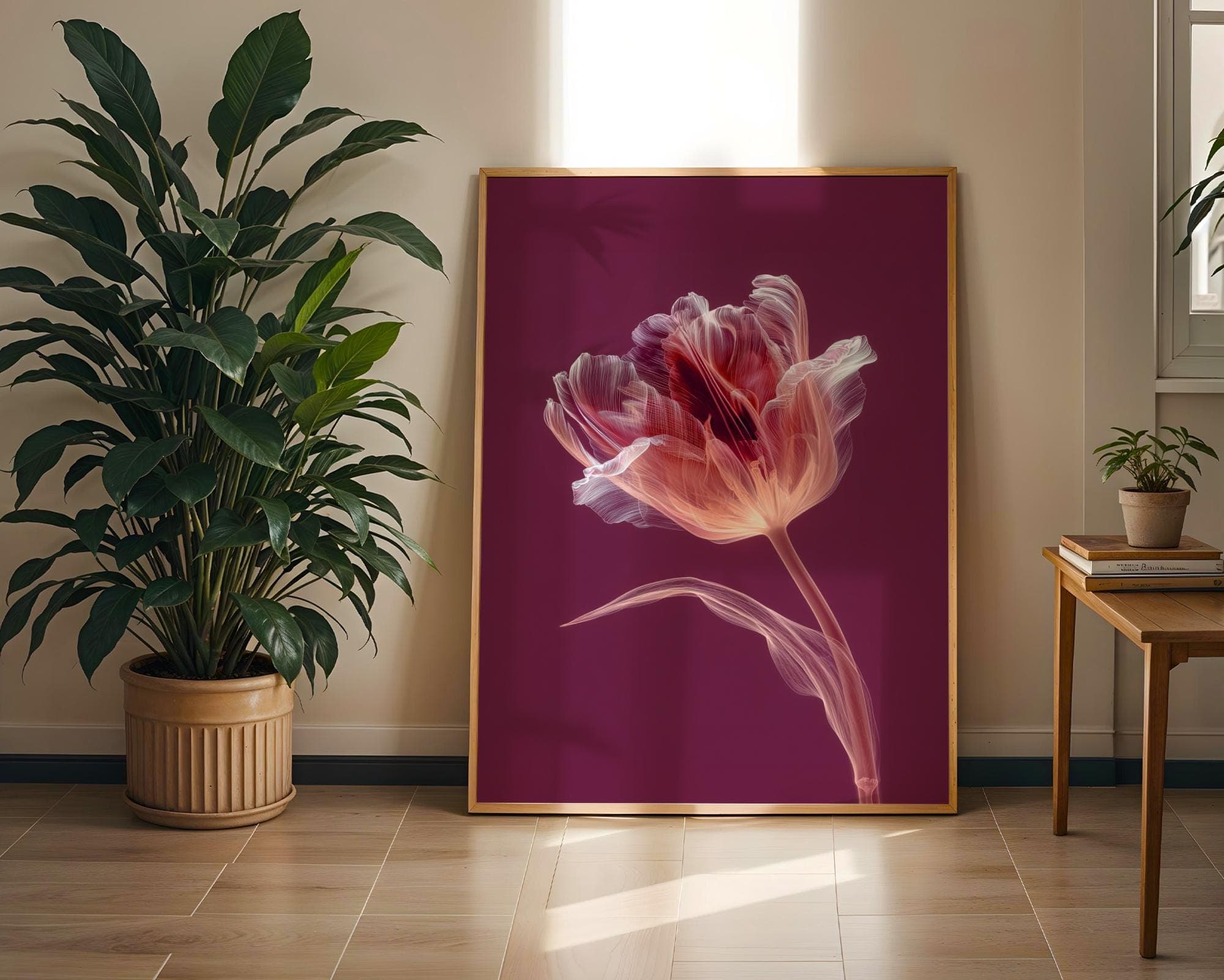 X Ray Tulip Flower Wall Art Botanical Burgundy Pink Radiograph Floral Print Minimal Nature Decor, Floral Botanical Poster, Pink Tulip Print - view 2
