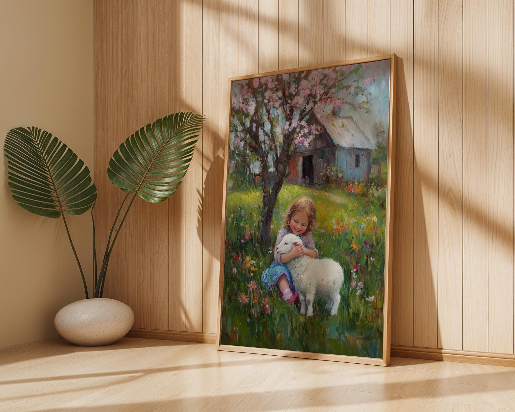 Pastoral Girl and Lamb Wall Art, Cottagecore Wall Decor, Floral Pastoral Art, Vintage Countryside Girl and Sheep Painting, Nature Wall Decor - view 6