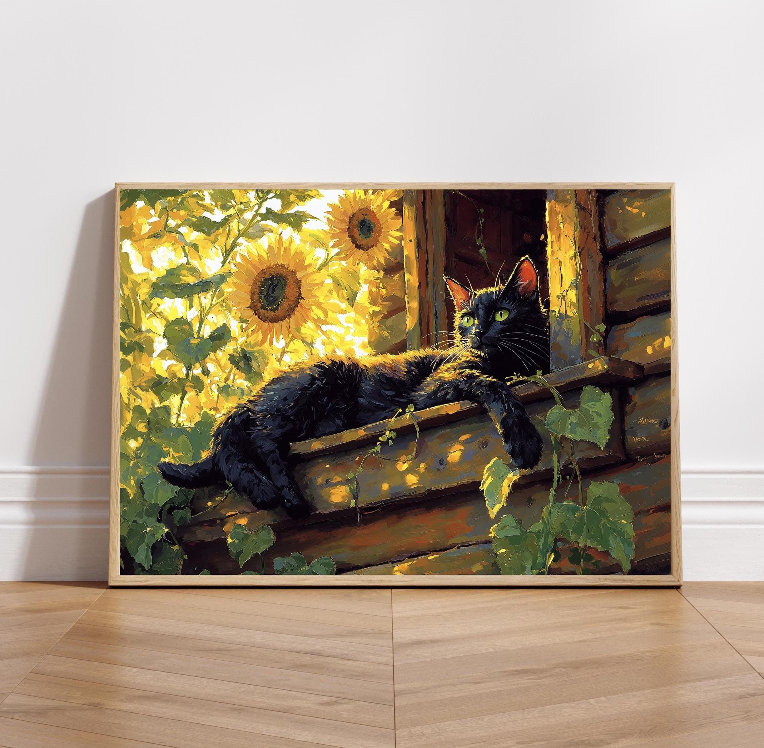 Black Cat and Sunflowers Wall Art, Rustic Wall Decor, Warm Nature Print, Whimsical Black Cat with Sunflowers, Calming Black Cat Poster