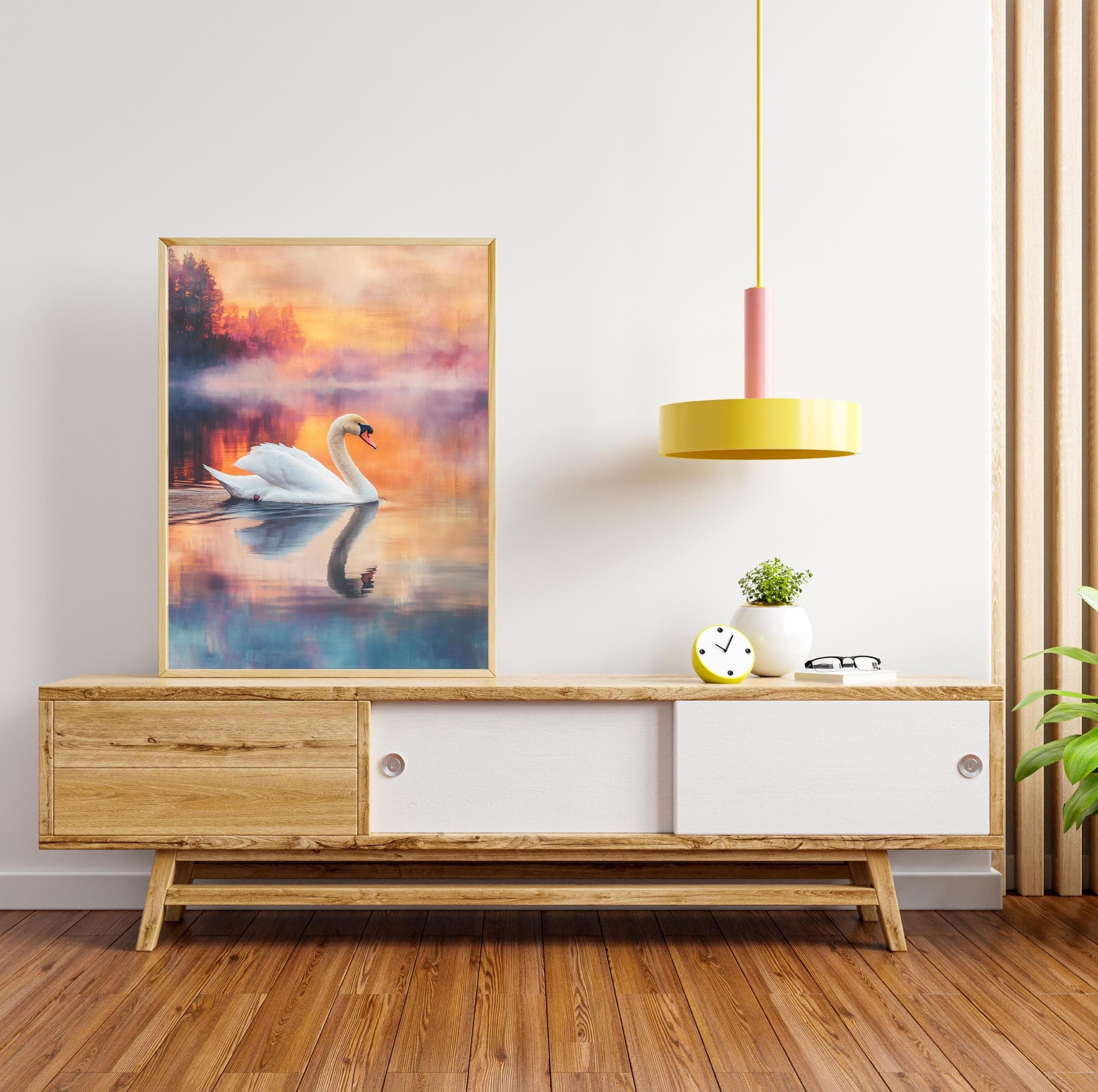 Swan Art Print, Wildlife Art Print, Maximalist Wall Art, Antique Swan Wall Art, Pastel Farmhouse Nursery Painting, White Swan Art Print - view 5