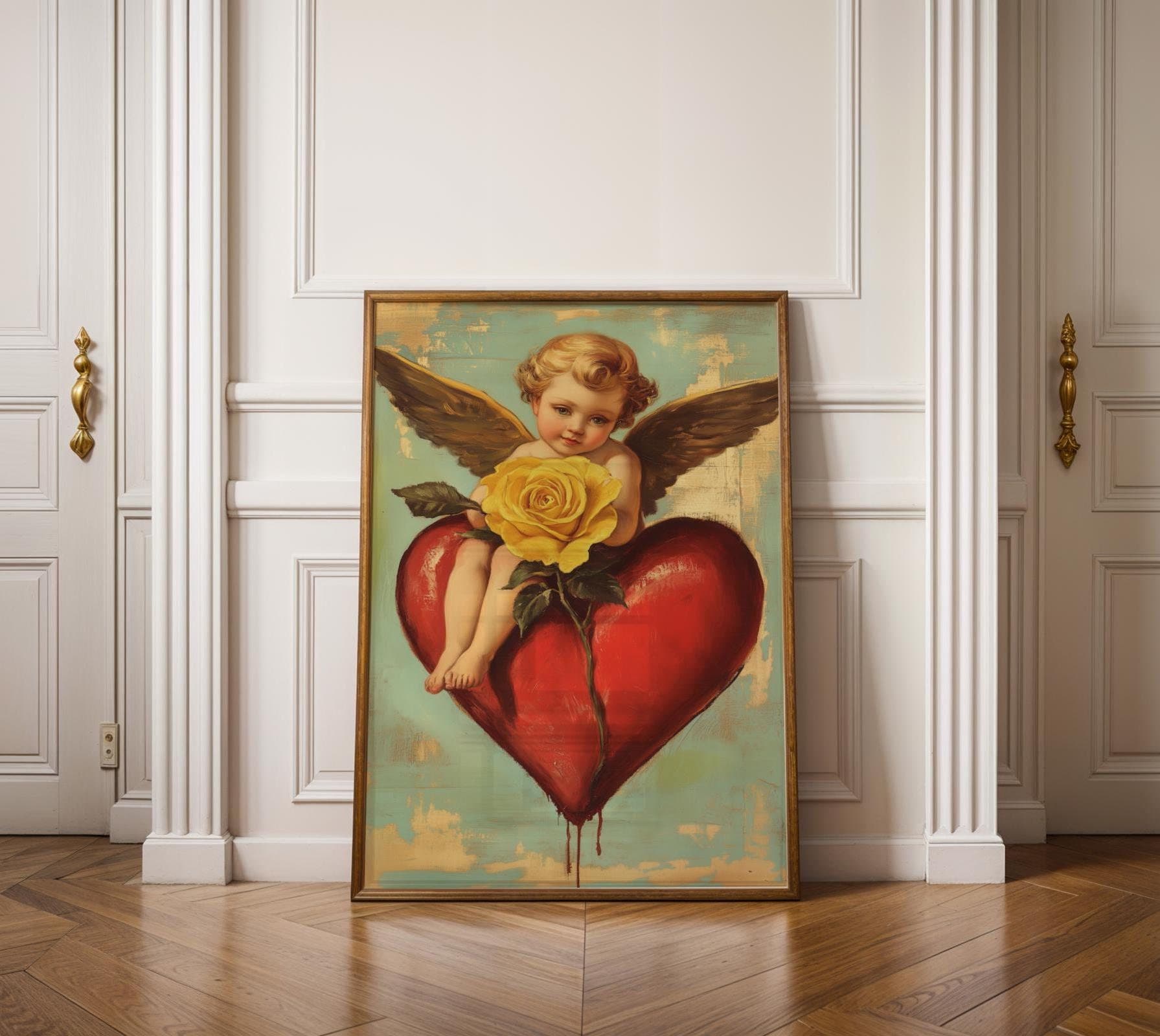 Romantic Angel Digital Print, Yellow Rose and Angel Art, Vintage Cherub Art Print, Valentine's Day Wall Decor, Coquette Room Decor, Digital