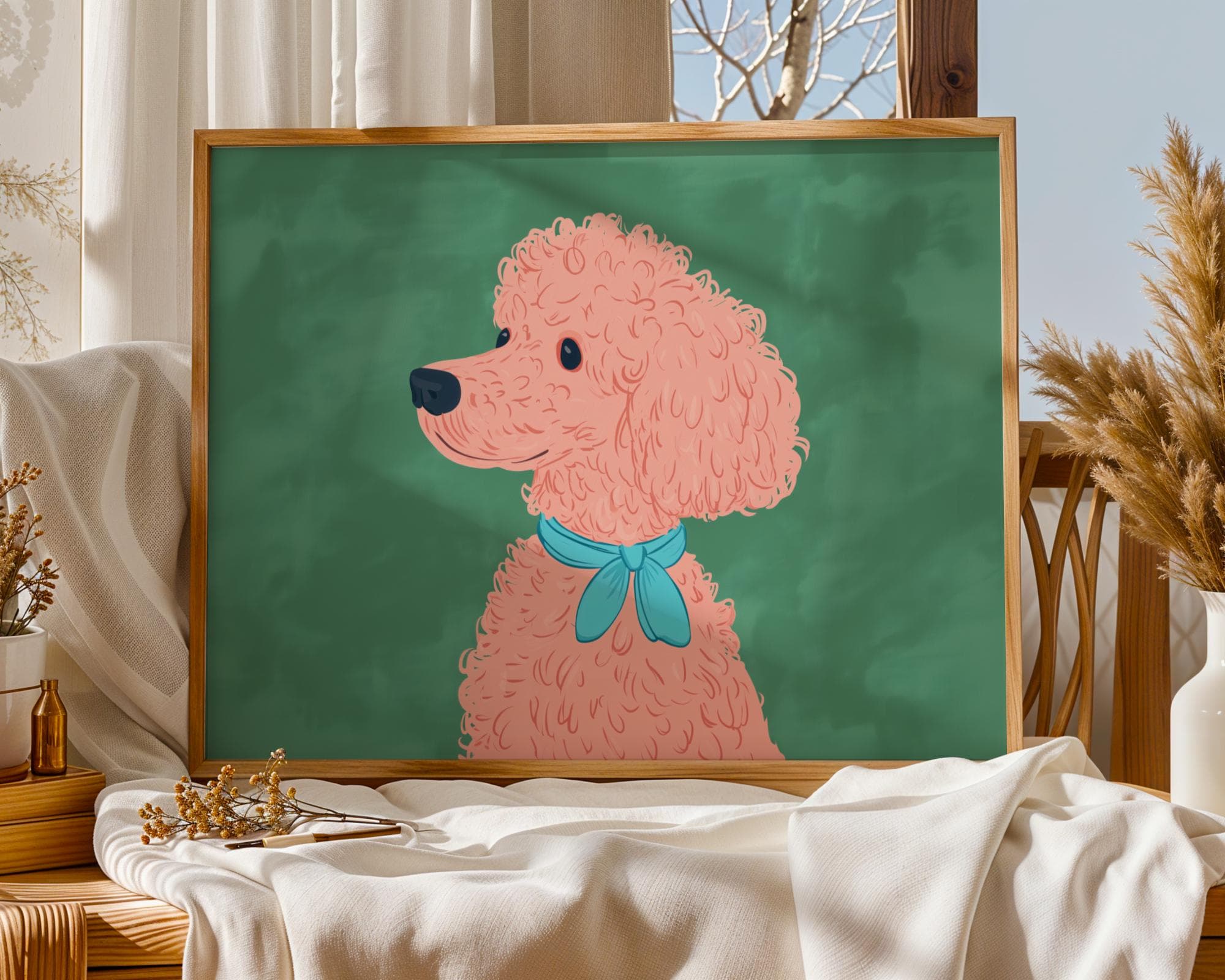 Pink Poodle Cartoon Art, Cute Dog Wall Print, Kawaii Style Dog Print, Pop Art Poodle, Modern Pastel Pet Portrait for Girls Room, Digital Dog