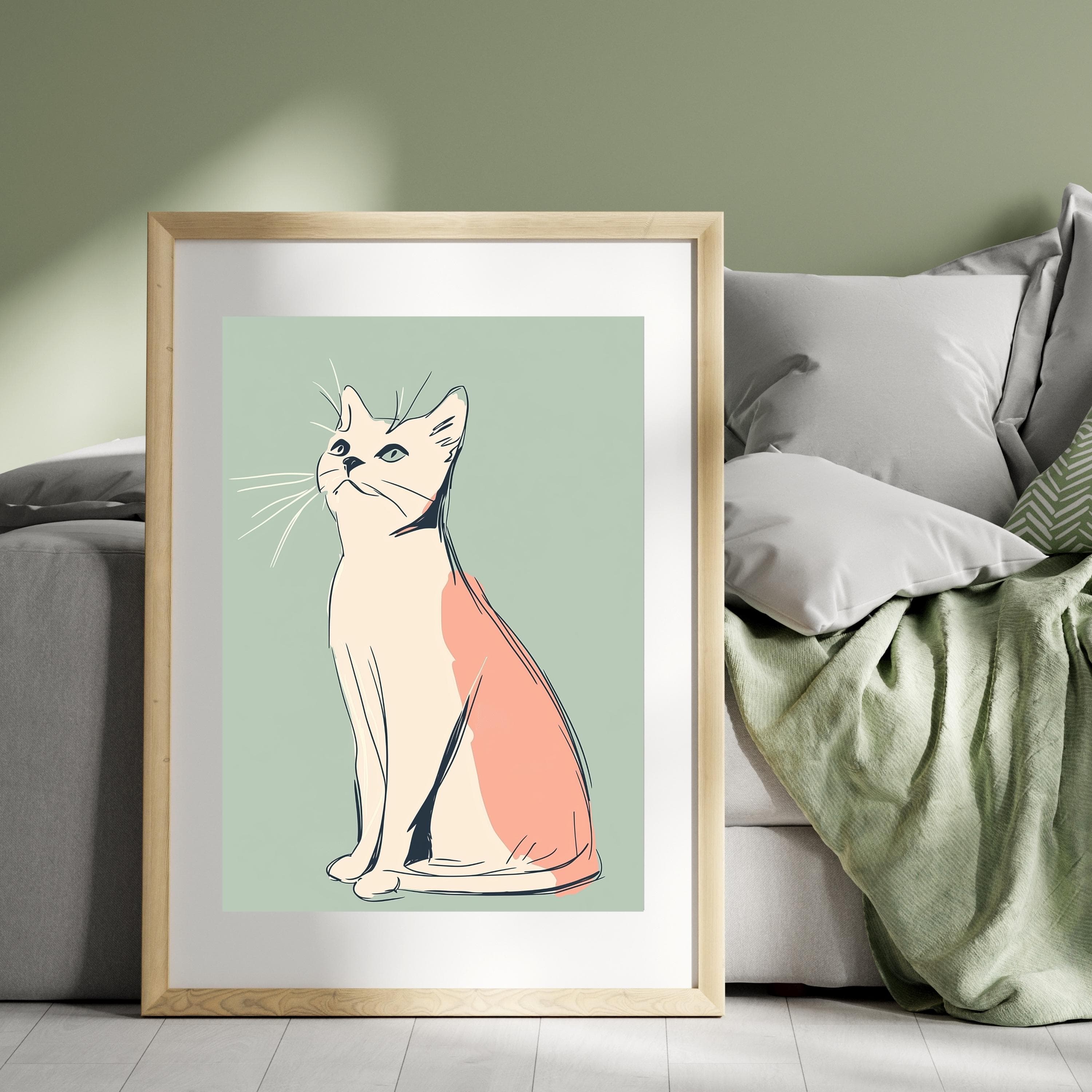 Minimalist Cat Art, Modern Cat Wall Art, Pastel Colored Cat Illustration, Chic Cat Poster, Modern Cat Line Drawing, Peach and Mint Green Art - view 5