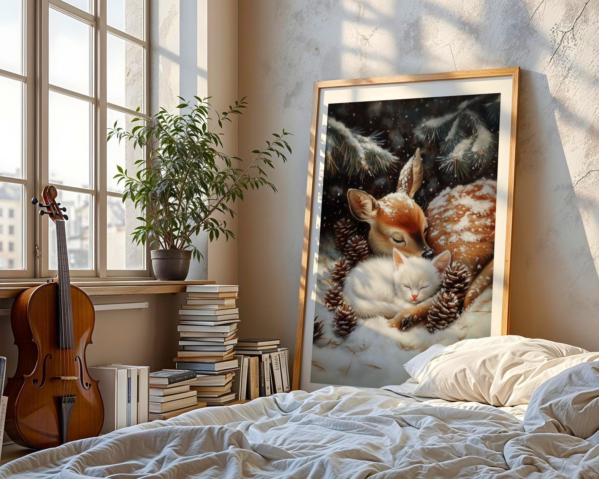 Fawn and White Cat Christmas Poster, Baby Deer and Kitten Xmas Cat Wall Art, Winter Animal Wall Decor, Farmhouse Holiday Decor, Digital Art - view 5