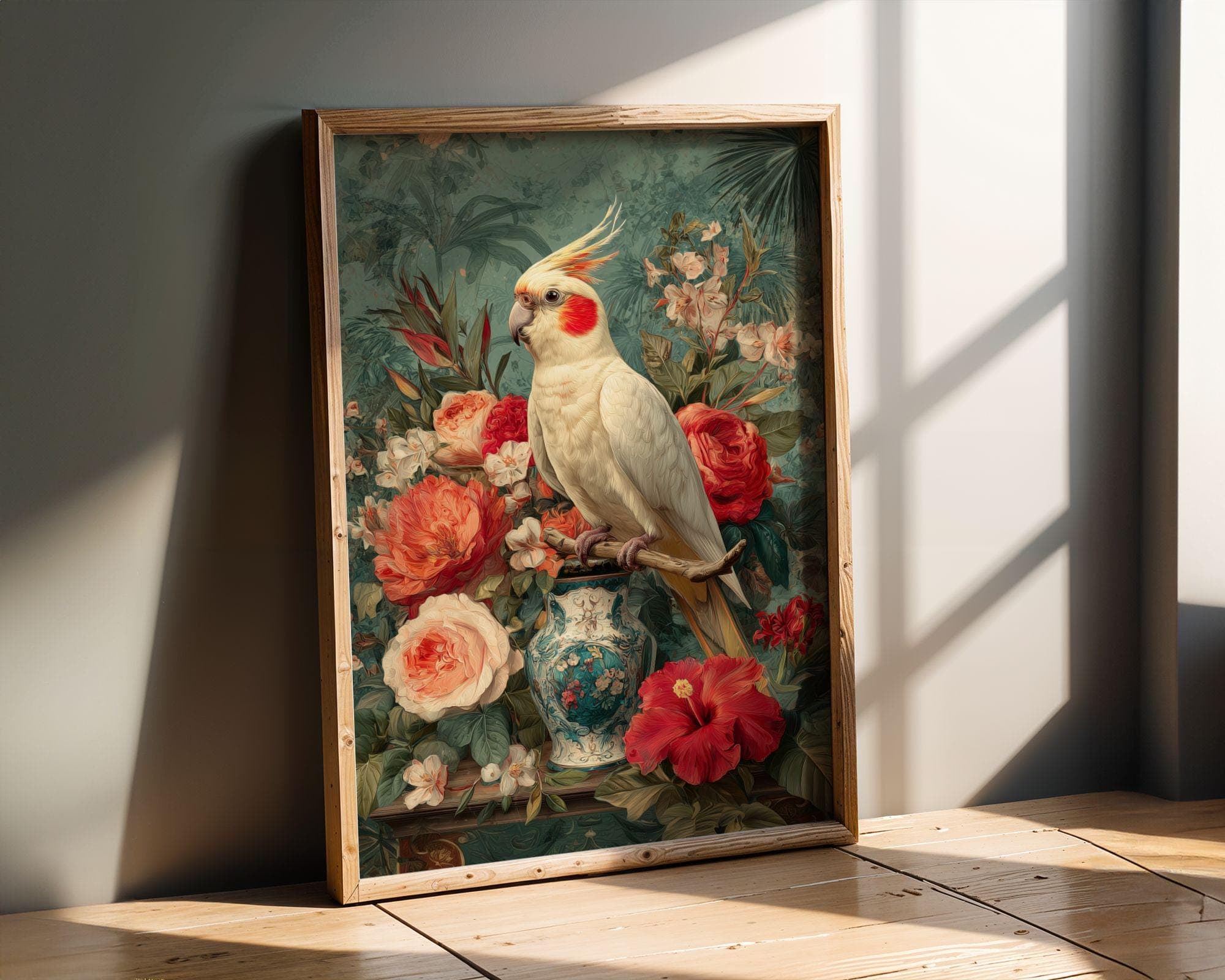 Tropical Cockatoo Wall Art – Floral Animal Print, Vintage Botanical Bird Poster – Exotic Animal Decor, Whimsical Bird Art, Parrot Wall Art - view 5