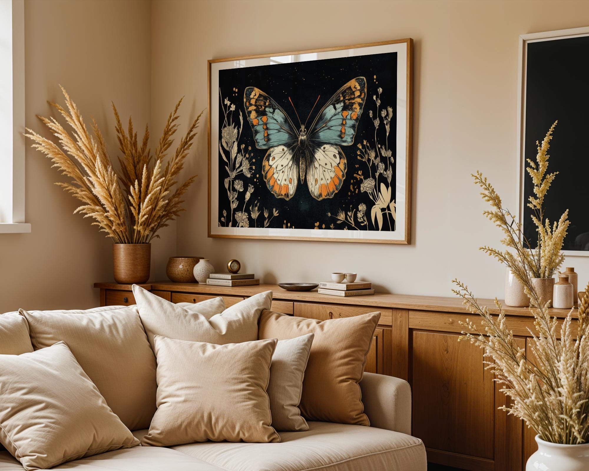 Blue Butterfly Botanical Wall Art Print – Vintage Insect, moody moth wall decor, butterfly printable, boho floral woodland moth cottagecore - view 4