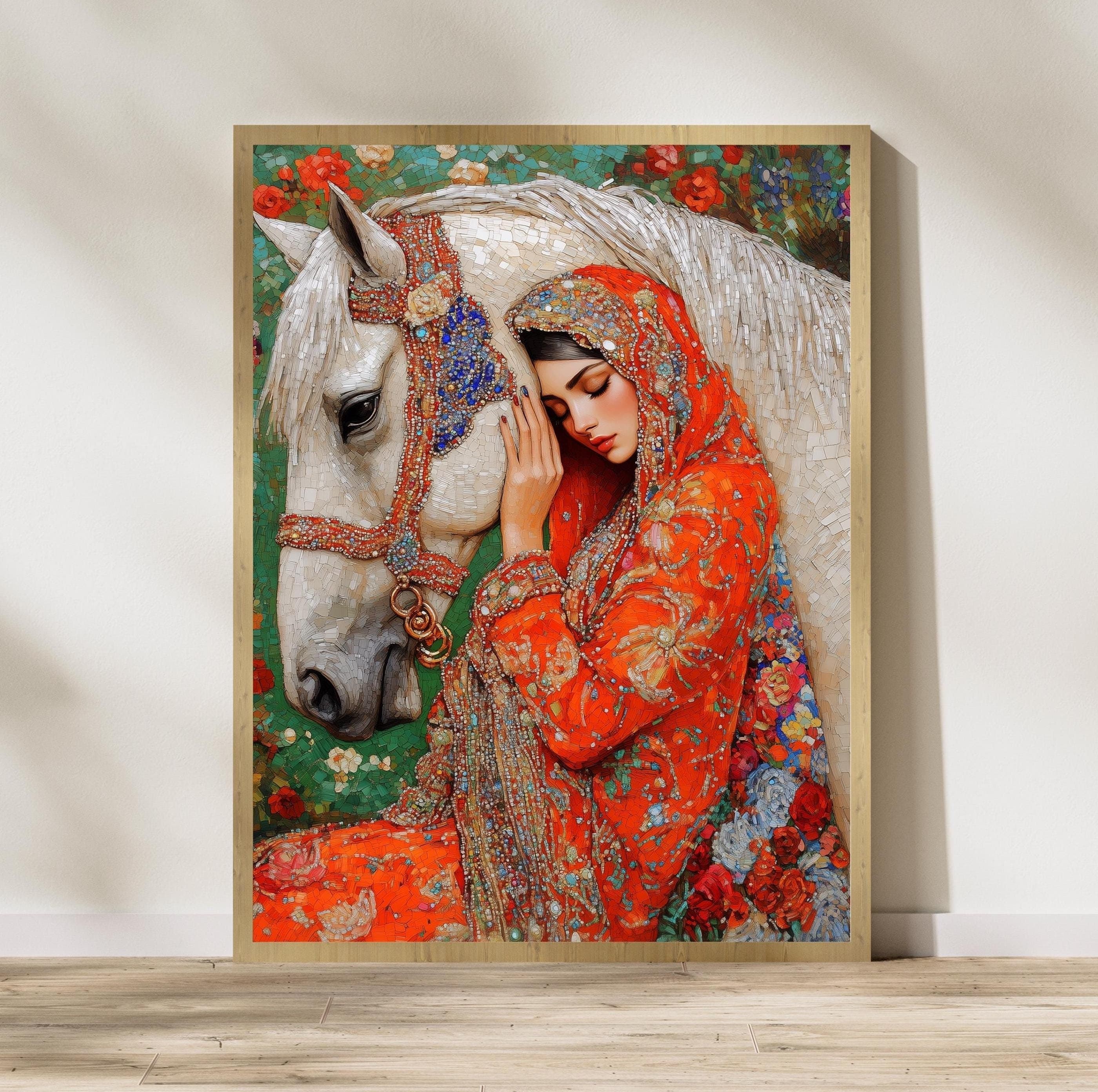 Colorful Mosaic Horse and Woman Art, Mosaic Style Wall Art, Romantic Mosaic Art, Bohemian Wall Decor, Digital Mosaic Print, Mosaic Art