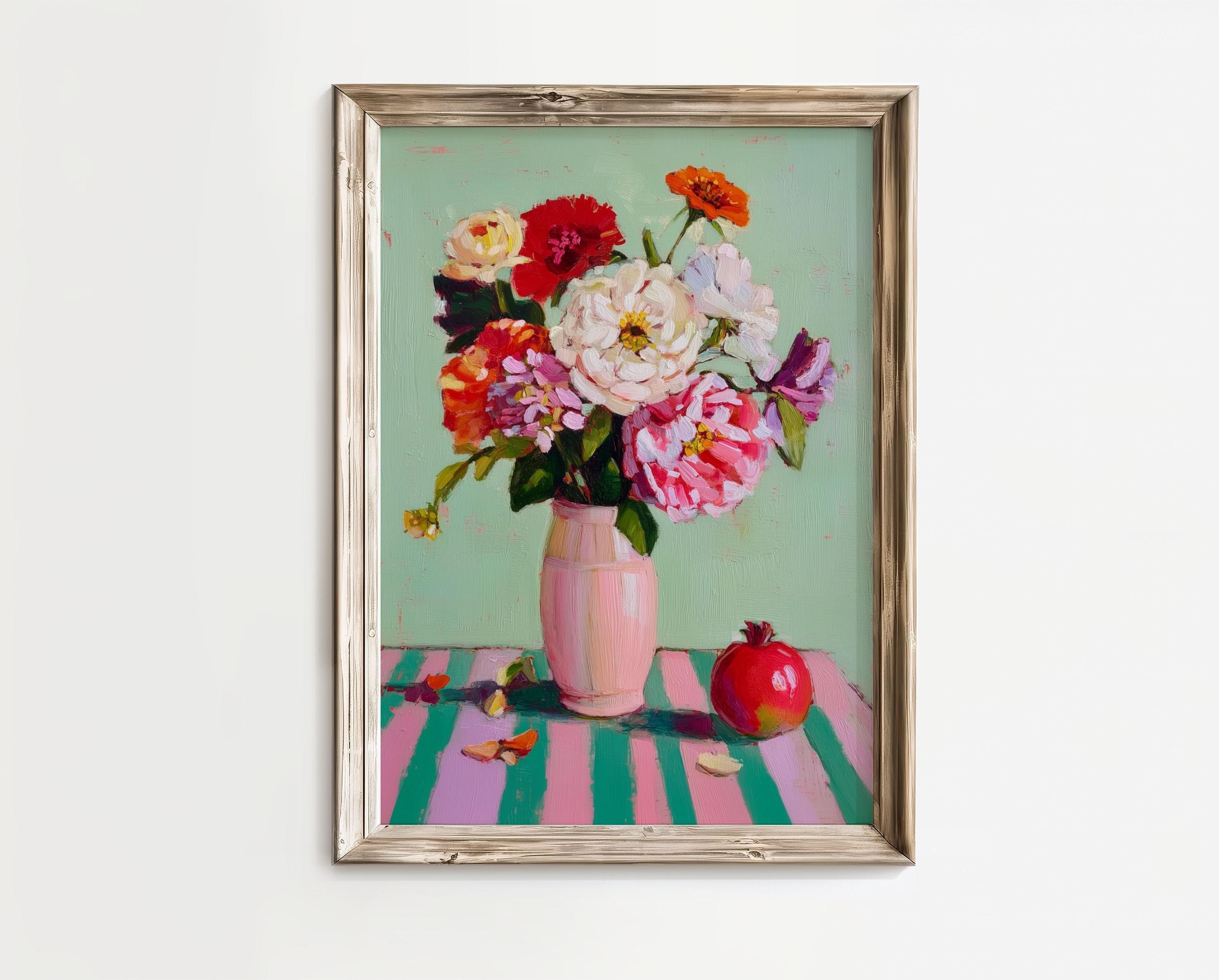 Colorful Floral Still Life Print – Pink Vase Bouquet, Mint Green Art for Kitchen, Colorful Floral Still Life Oil Painting Print, Flower Art