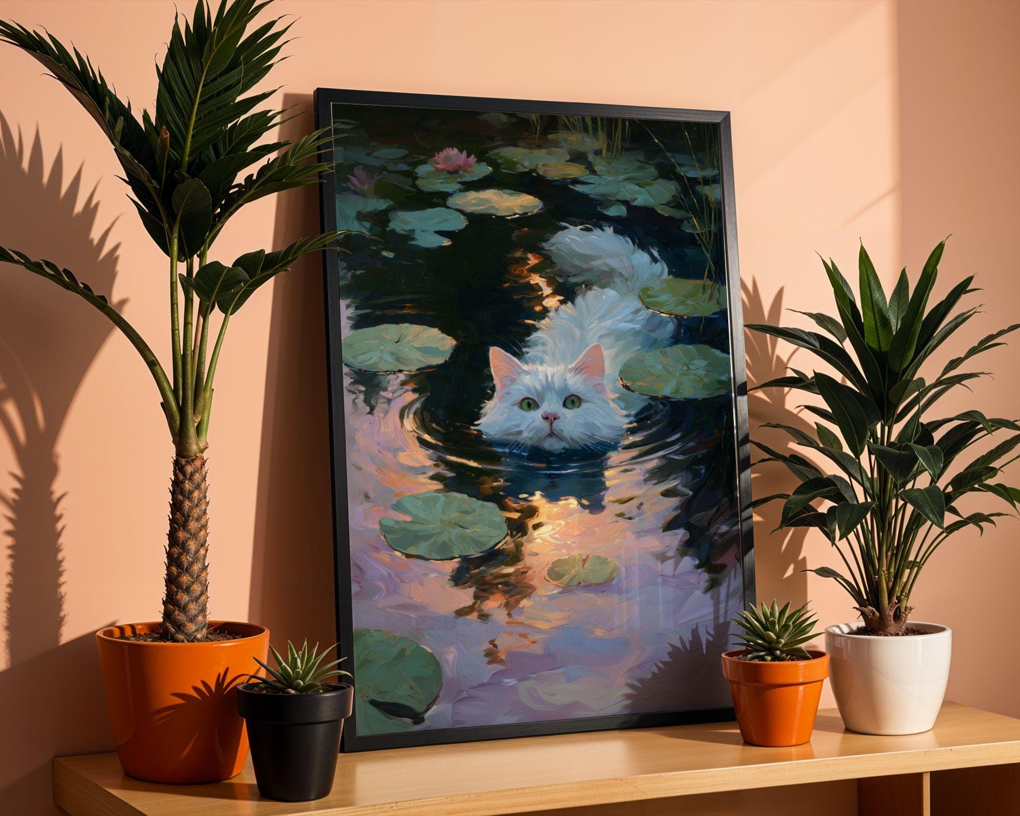 White Cat in Lily Pond, White Cat Painting, Dreamy Pond Wall Art, Bathroom Wall Art, Whimsical Cat Poster, Cottagecore Cat Art, White Cat - view 2