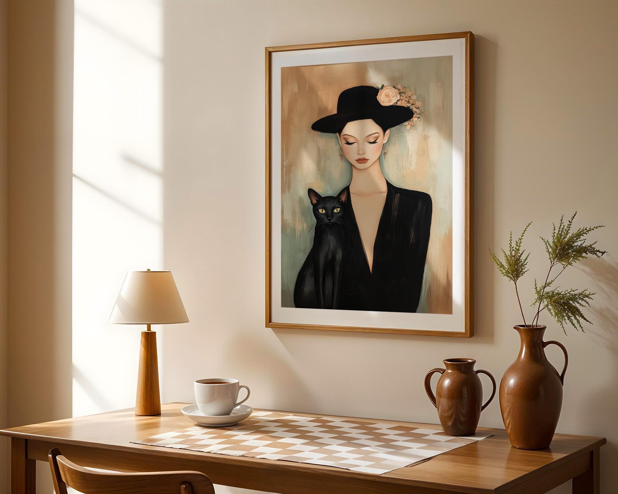 Black Cat and Lady Portrait - Modern Vintage Aesthetic Digital Art, Classy Lady with Black Cat Poster, Vintage Woman Art, Black Cat Portrait - view 6