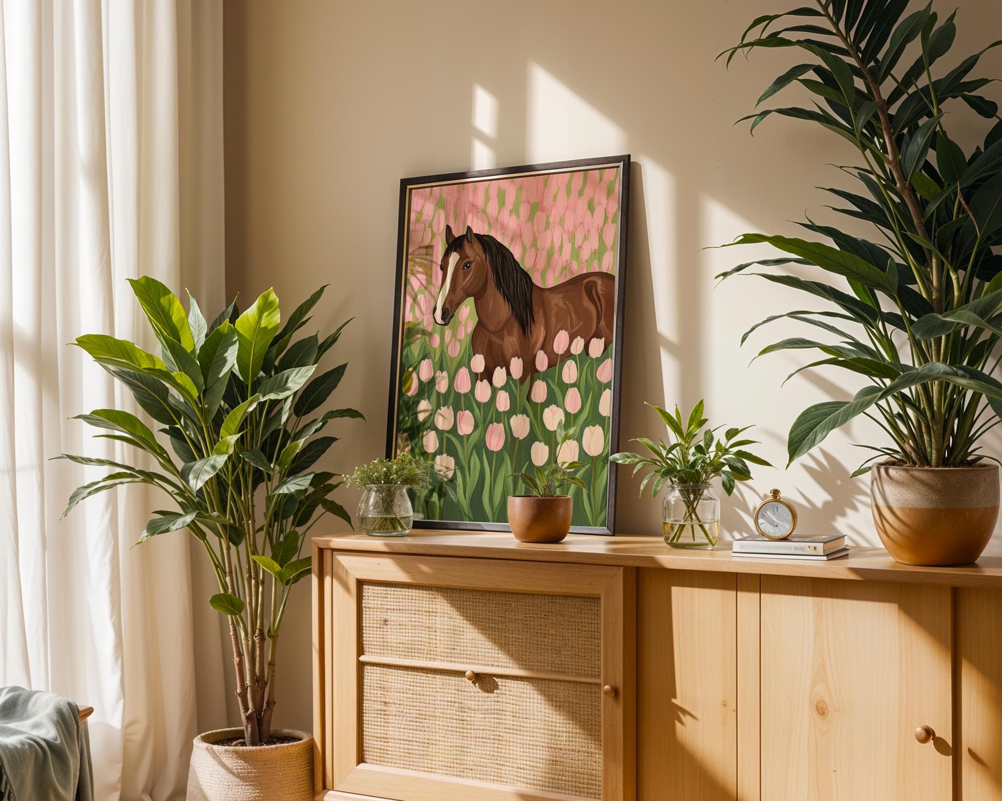 Floral Horse Art Print, Horse in Pink Tulip Field Poster, Farmhouse Horse and Floral Art, Pink Tulip Wall Decor, Pink Wall Art,Horse Digital - view 6