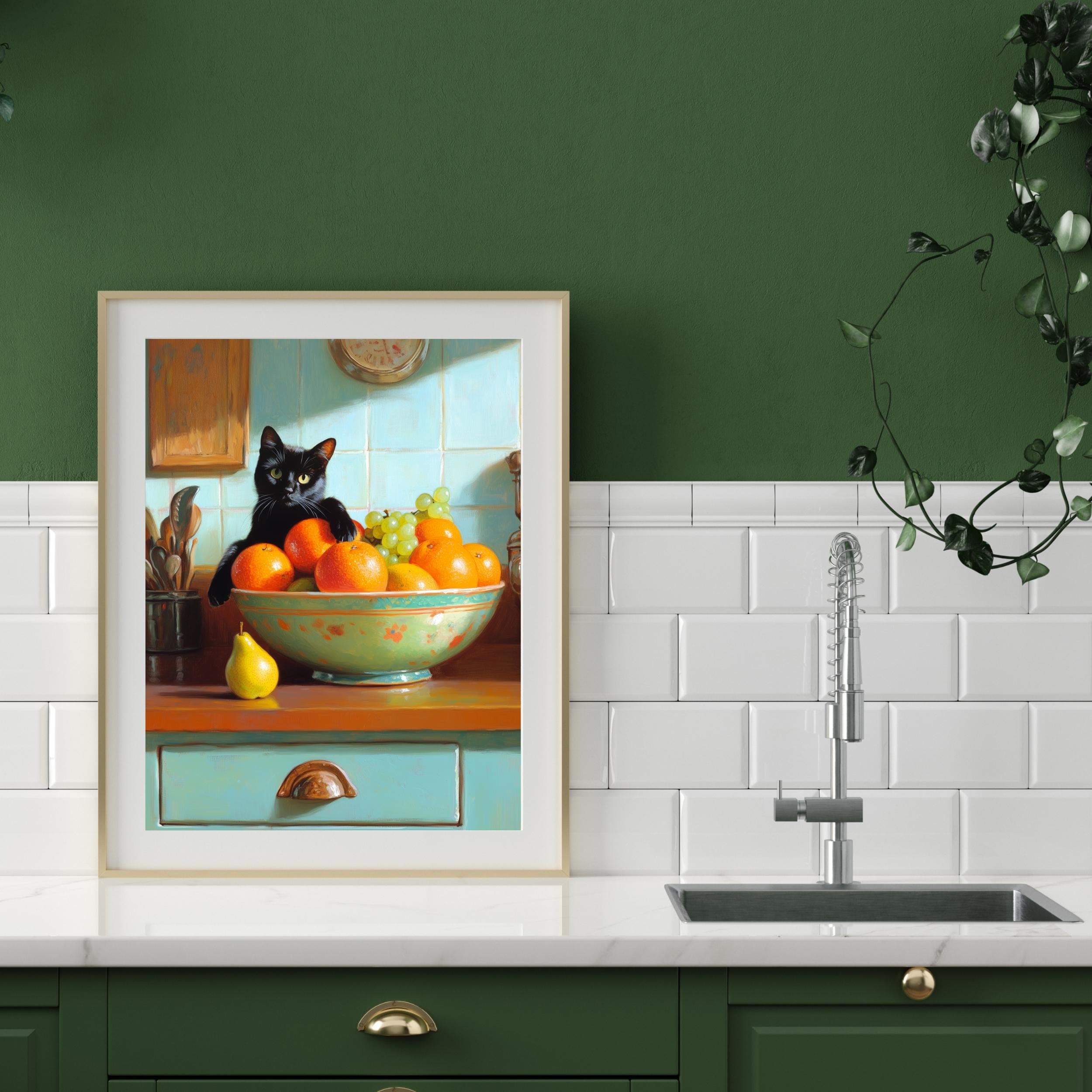 Black cat with fruit bowl painting, Playful kitchen wall art, Orange and grape still life painting, Colorful kitchen wall decor, Kitchen Art - view 6