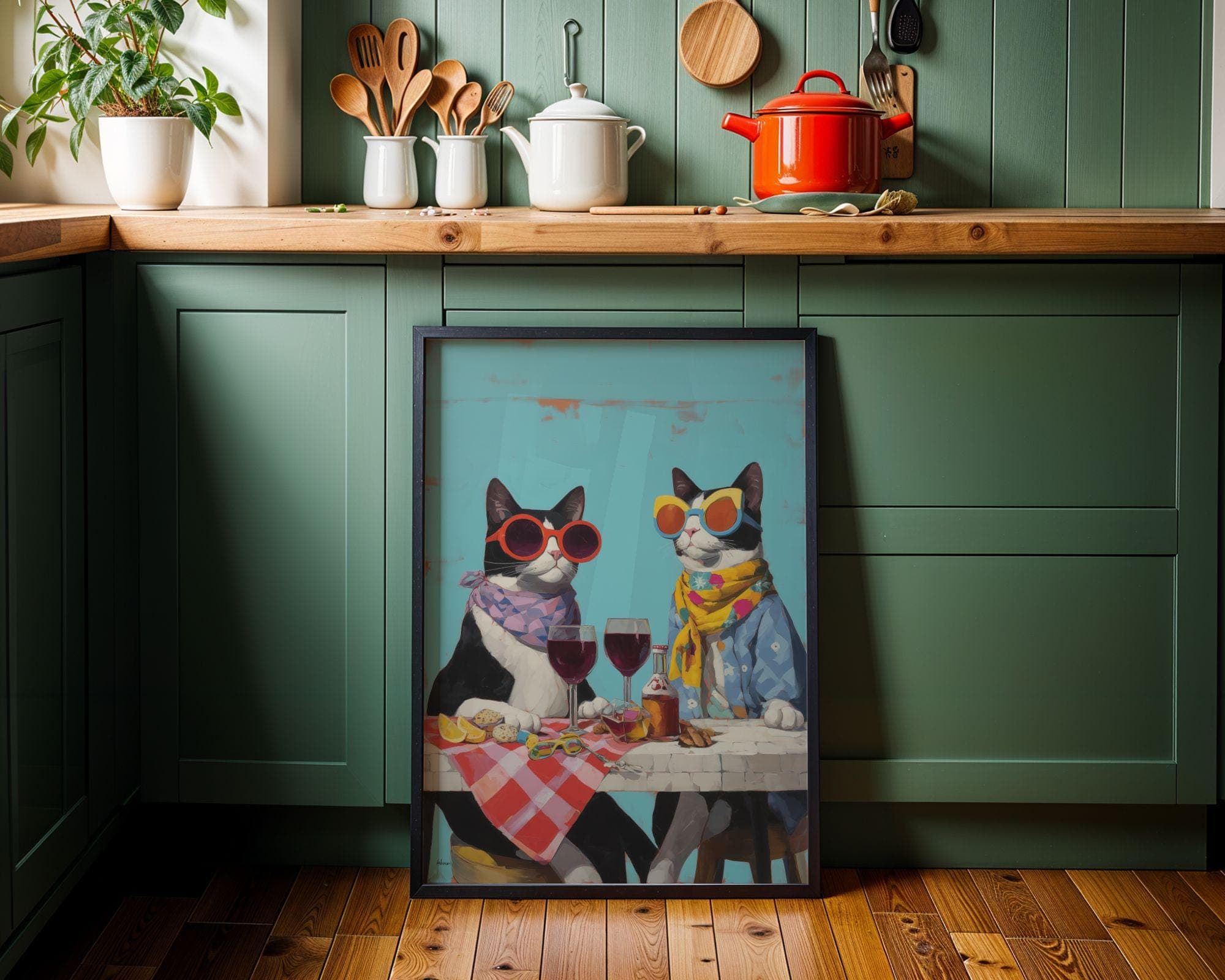 Funny Cat Couple Wall Art, Whimsical Cat Wine Print, Colorful Animal Painting, Dining Room Kitchen Decor, Stylish Pet Art, Quirky Cat Decor - view 3