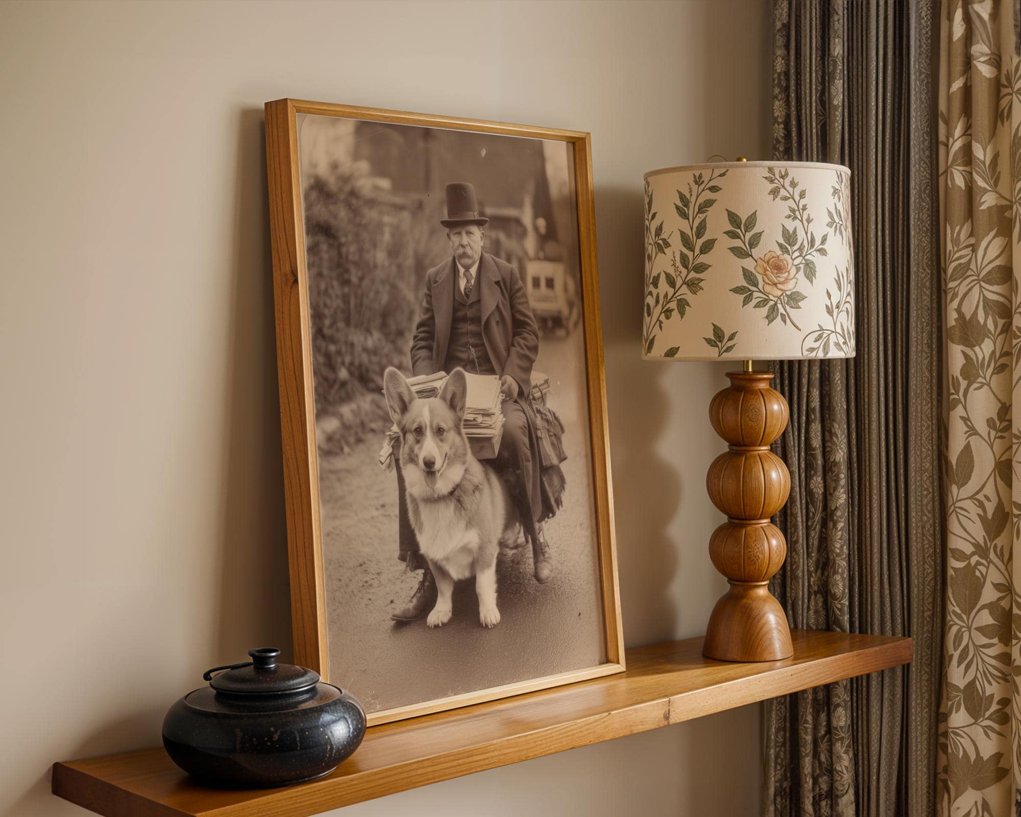 Vintage Man on Corgi Wall Art – Funny Sepia Dog Print, Funny Victorian Style Corgi Poster, Retro Animal Art, Quirky Dog Wall Print, Sepia - view 2