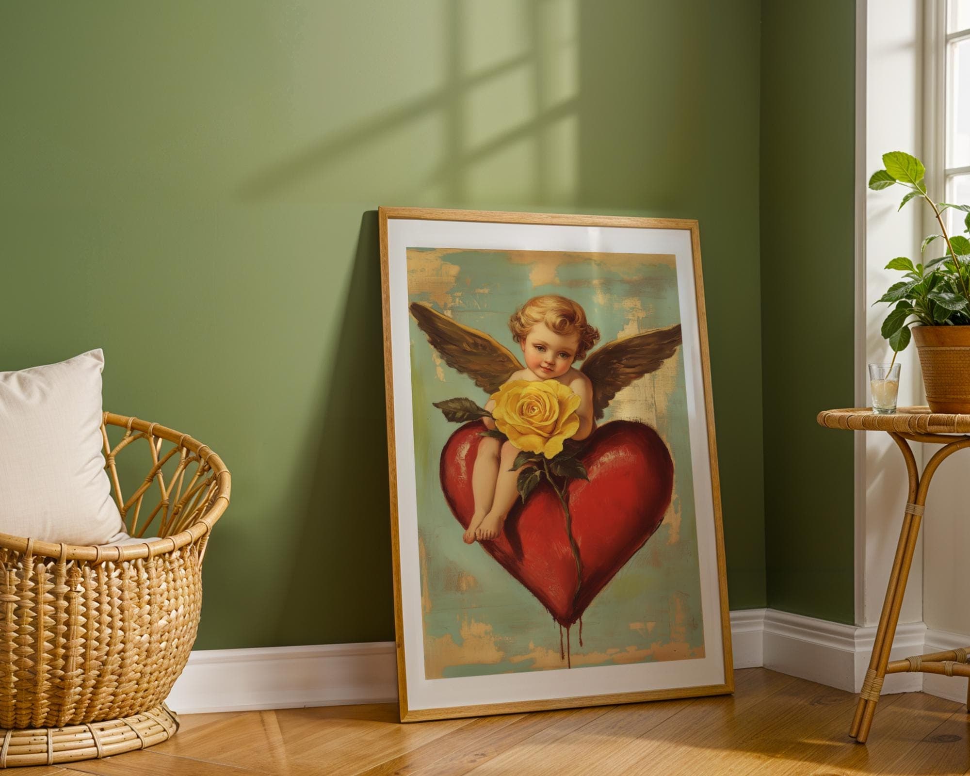 Romantic Angel Digital Print, Yellow Rose and Angel Art, Vintage Cherub Art Print, Valentine's Day Wall Decor, Coquette Room Decor, Digital - view 6