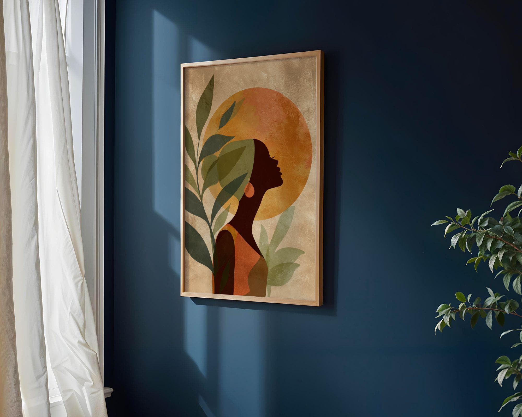 Black Woman Wall Art, Botanical Afro Silhouette, Orange Sun Print, Earth Tone Minimal Modern Print, Afro Woman Wall Art, Feminine Wall Art - view 2