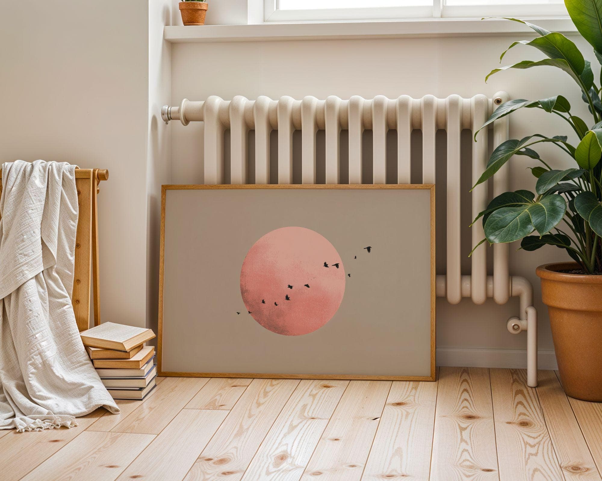 Flying Birds Across Pink Sun Poster, Japandi Wall Art Print, Flying Birds Art, Minimalist Landscape Art, Pink Moon Decor, Scandinavian Print