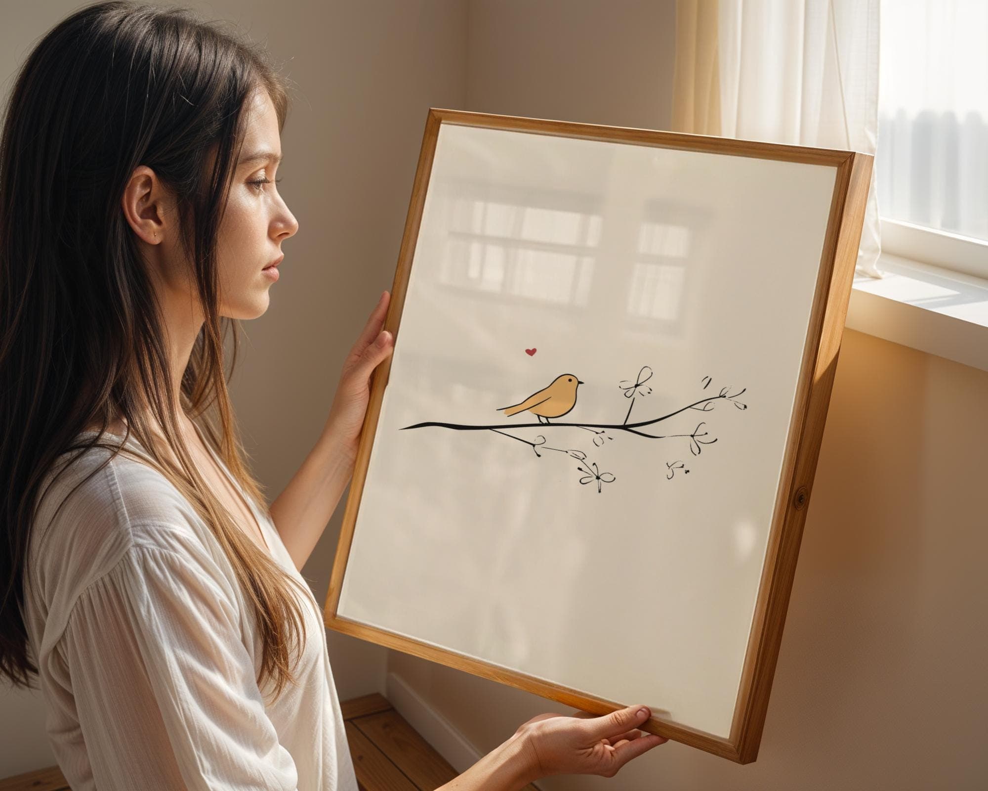 Minimalist Bird Wall Art, Scandinavian Yellow Bird Art, Yellow Bird Line Art, Soft Scandinavian Decor Print, Delicate Bird Poster - view 3
