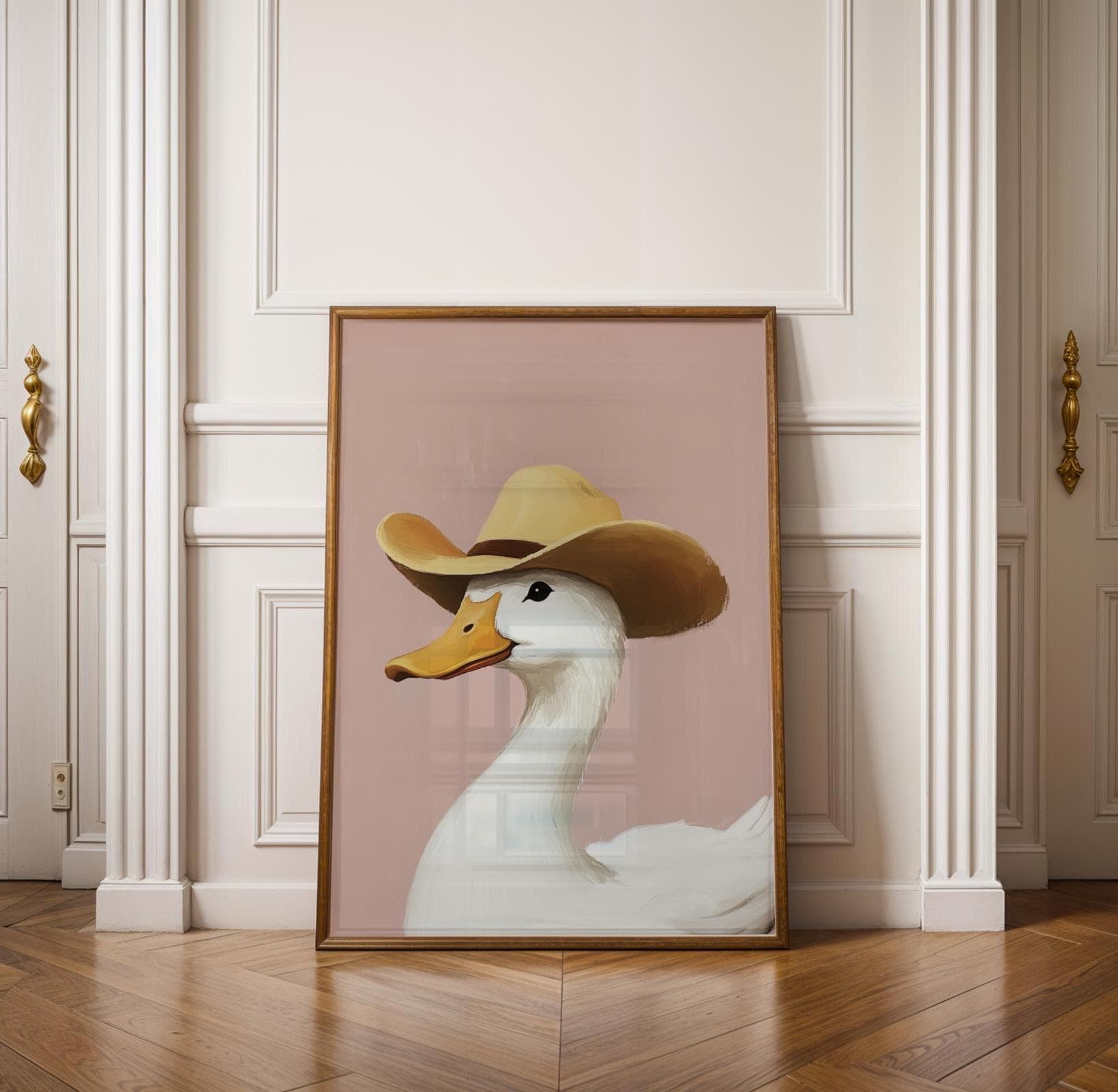 Silly Cowboy Goose Print, Pink Western Nursery Printable Art, Neutral Southeastern Boy Room Animal Wall art, Cowboy hat, Retro Duck Poster