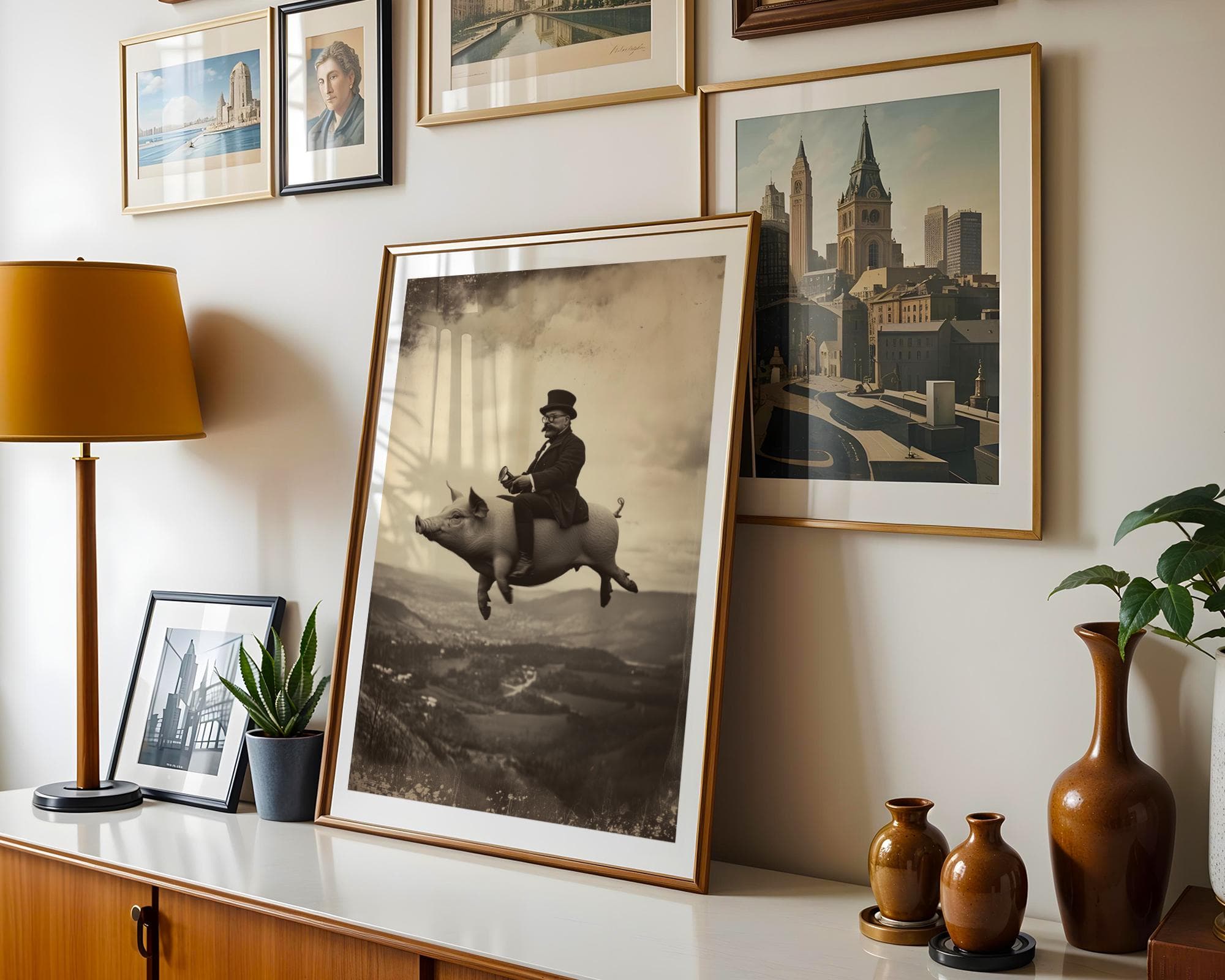 Flying Pig Wall Art – Surreal Vintage Gentleman Riding Pig Print, Digital Wall Art, Sepia Surreal Art, Retro Fantasy Wall Decor, Funny Pig - view 4
