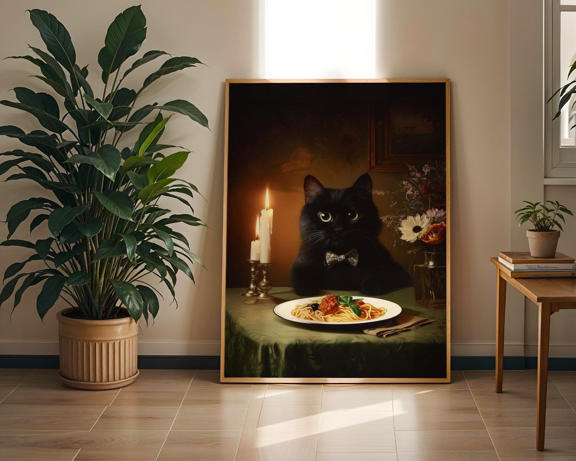 Black Cat Spaghetti Art Print, Funny Black Cat Wall Art, Pasta Lover Gift, Dark Academia Cat Wall Art, Quirky Dining Room Poster, Black Cat - view 7