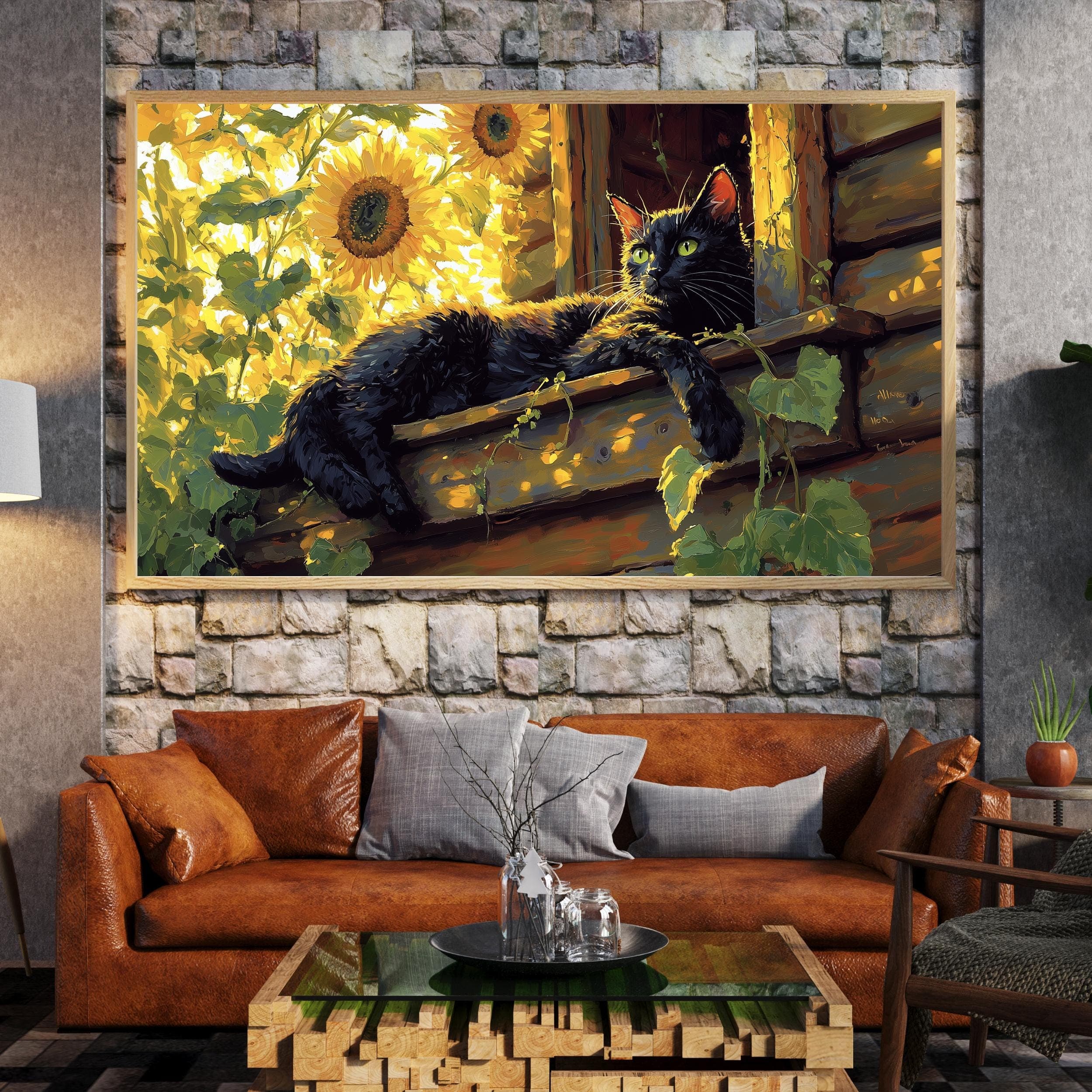 Black Cat and Sunflowers Wall Art, Rustic Wall Decor, Warm Nature Print, Whimsical Black Cat with Sunflowers, Calming Black Cat Poster - view 6