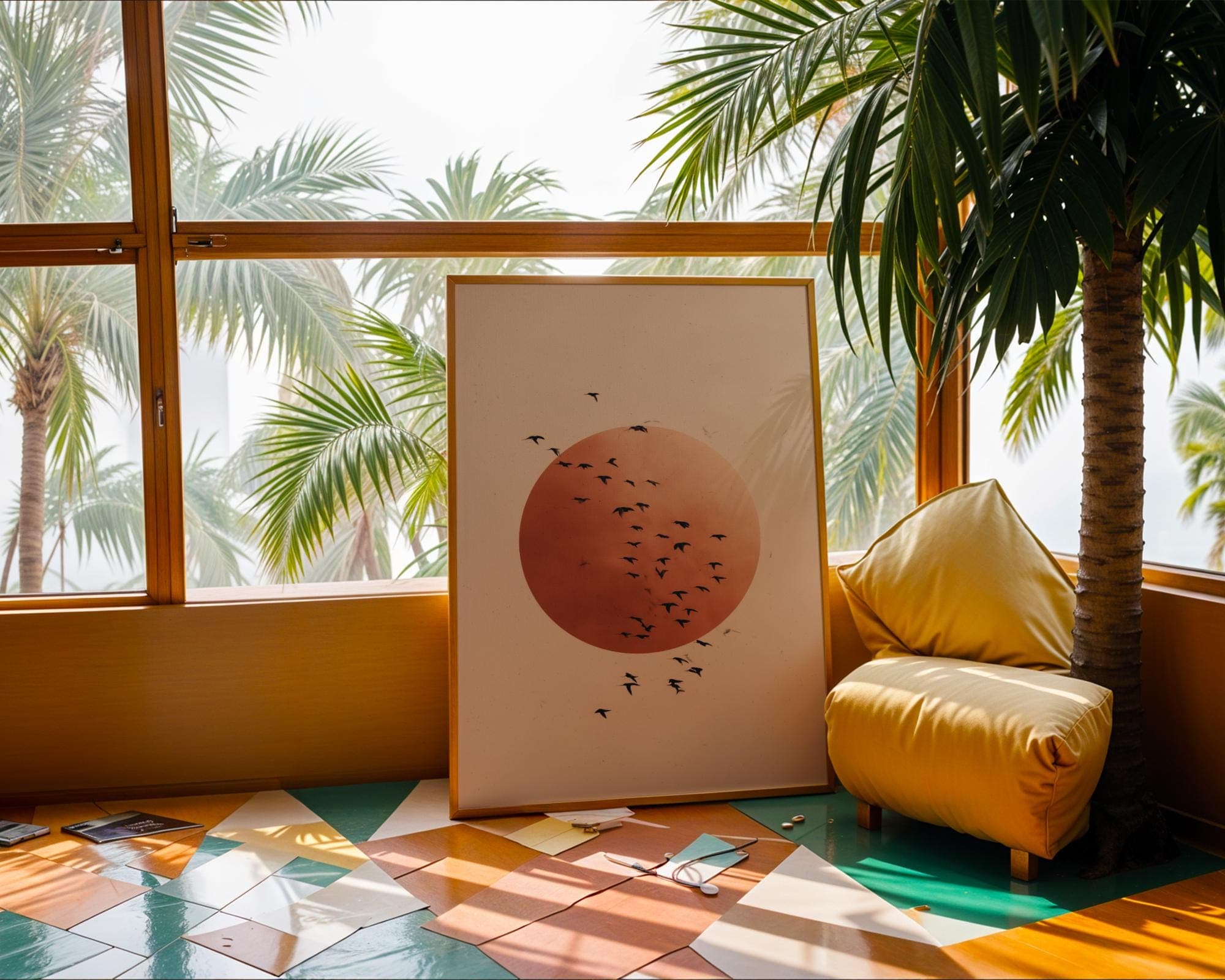 Japandi Minimalist Wall Art | Beige Sun and Flying Birds Print | Modern Zen Nature Poster, Printable Wall Art, Scandinavian Minimalist Print - view 7