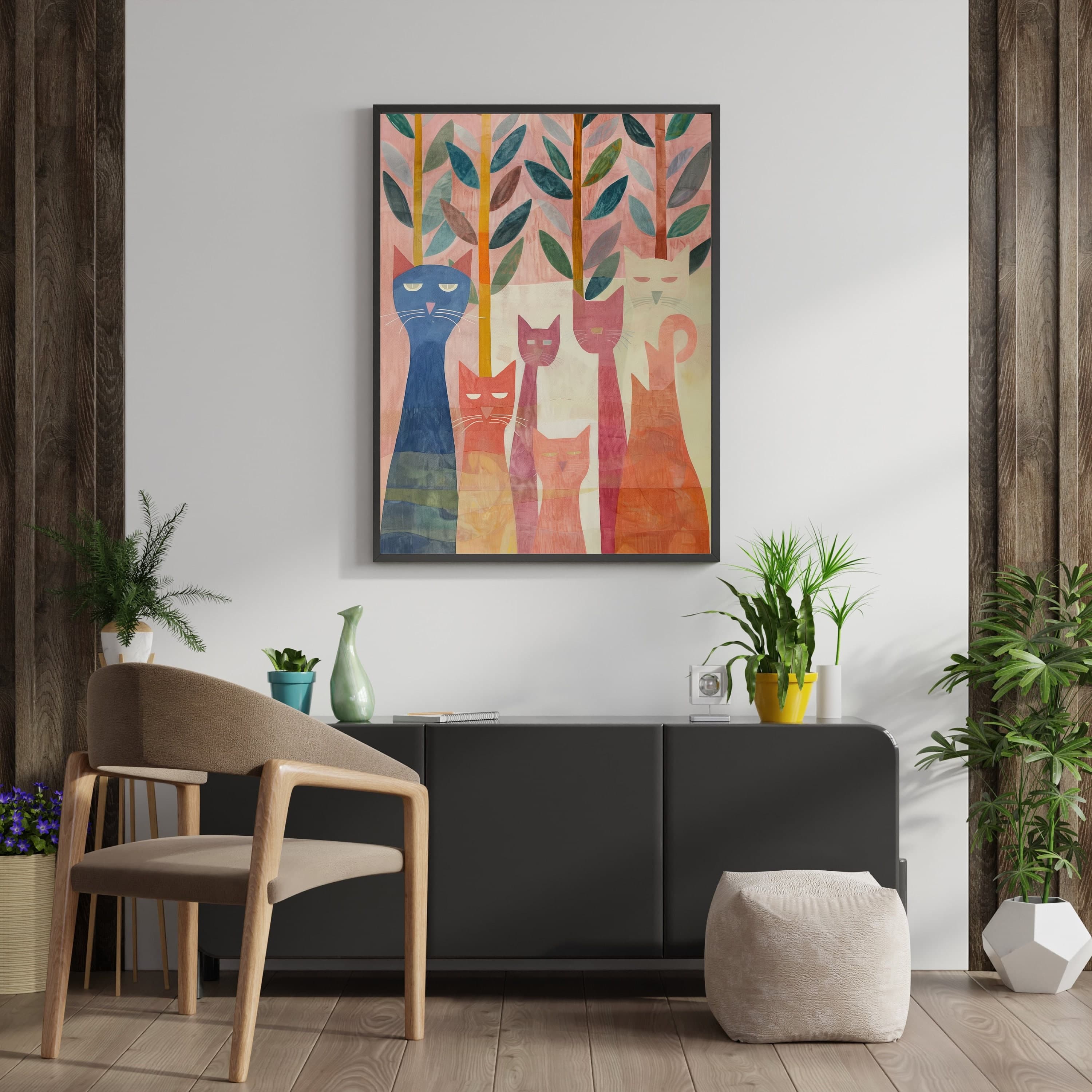 Colorful Cat Wall Art, Oil Painting, Trendy Cute Apartment Decor, Cat Poster, Colorful Cat Poster, illustration art, Preppy Room Decor - view 2
