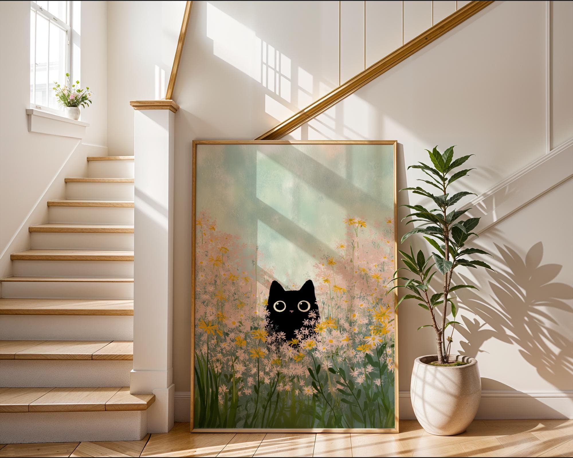 Black Cat Wall Art, Whimsical Cat in Floral Field, Kawaii Black Cat Art Print, Digital Download, Cute Black Cat Art, Whimsical Animal Art - view 2
