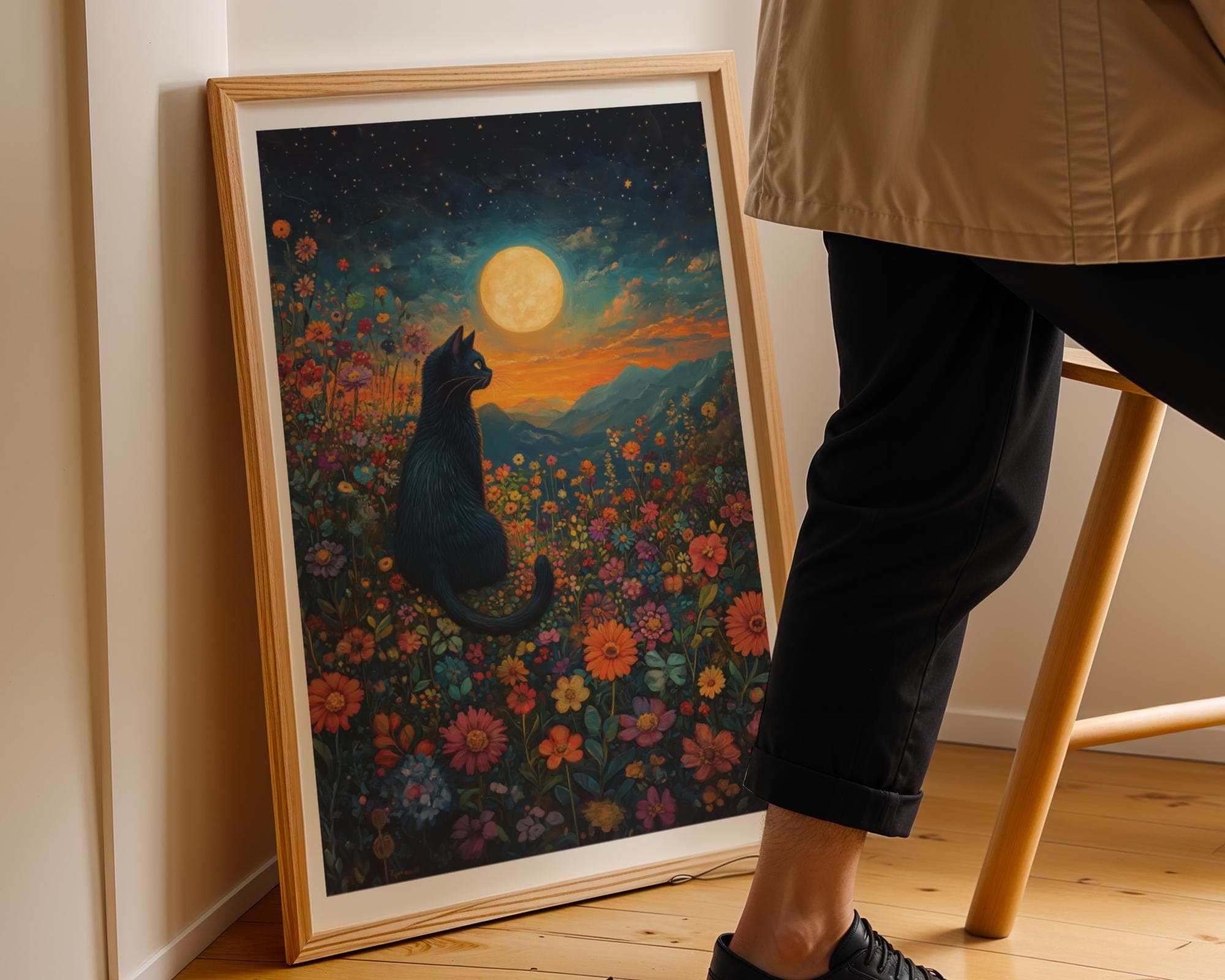 Floral Black Cat Wall Decor, Black Cat Moonlit Wall Art, Starry Night Cat Wall Art, Floral Moonlight Poster, Flower Cat and Moon Wall Decor - view 6