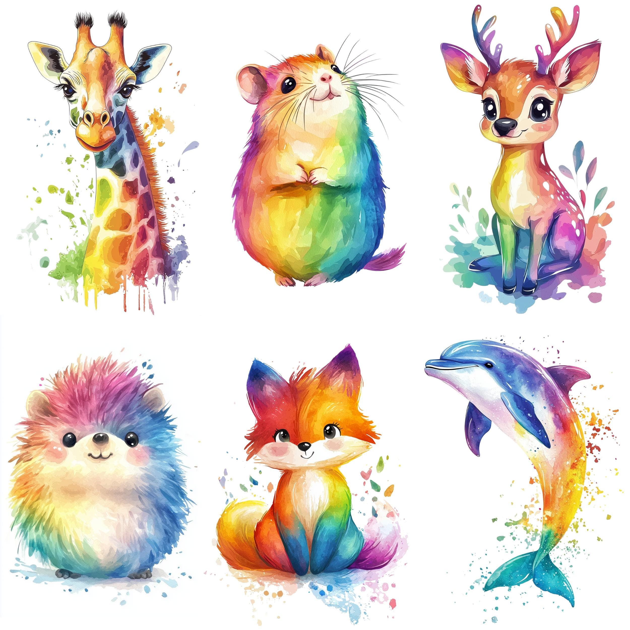 Watercolor Rainbow Animals Clipart, Colorful Animals Design, Cute Animals PNG, Safari Animals PNG, Commercial Use, Colorful Cute Animals - view 4