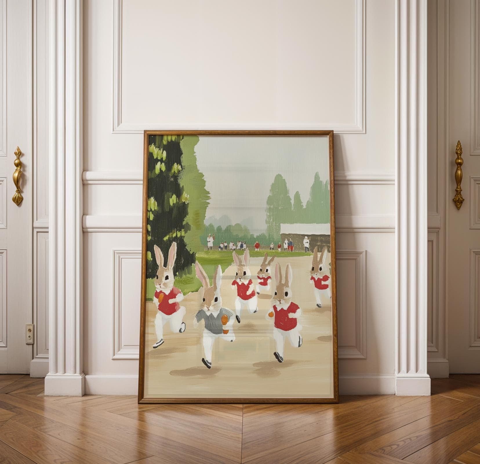Vintage Bunny Race Wall Art - Whimsical Rabbit Sports Painting for Kids Room & Nursery Decor, Sports Art Print for Kids Room,Bunny Art Print