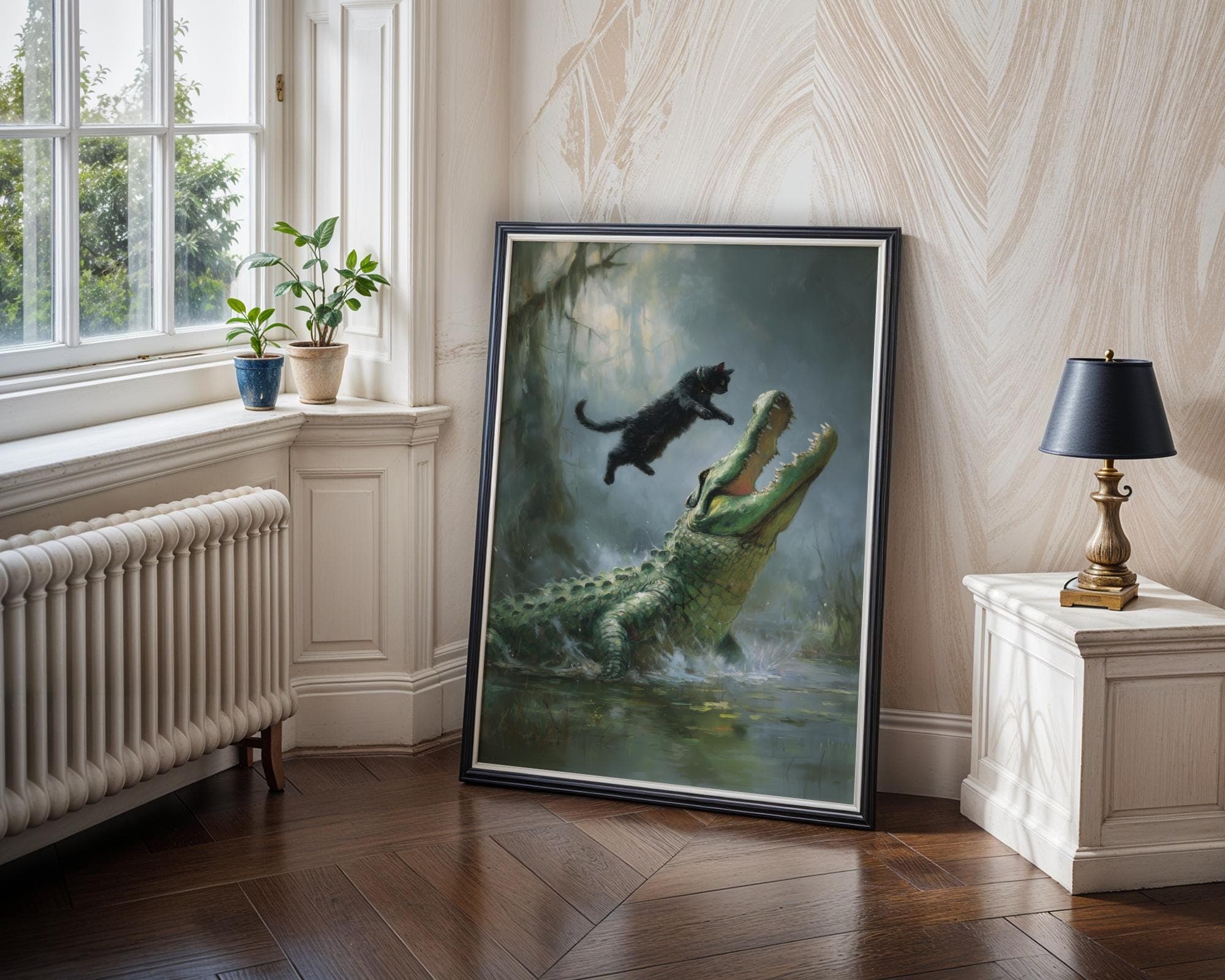 Fearless Cat vs Alligator – Fantasy Wildlife Wall Art, Heroic Cat Scene, Funny Black Cat Decor, Dramatic Digital Oil Style Wildlife Painting - view 4