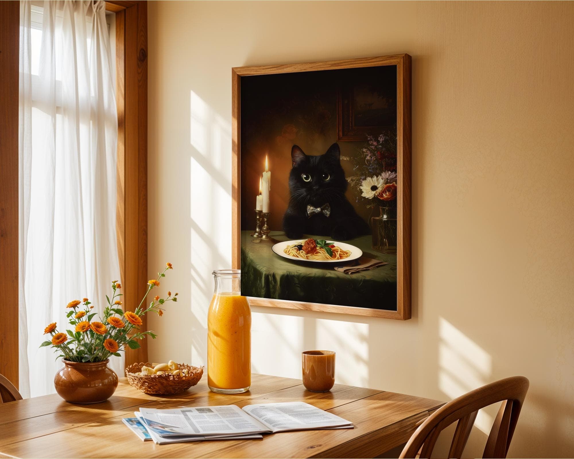 Black Cat Spaghetti Art Print, Funny Black Cat Wall Art, Pasta Lover Gift, Dark Academia Cat Wall Art, Quirky Dining Room Poster, Black Cat - view 3